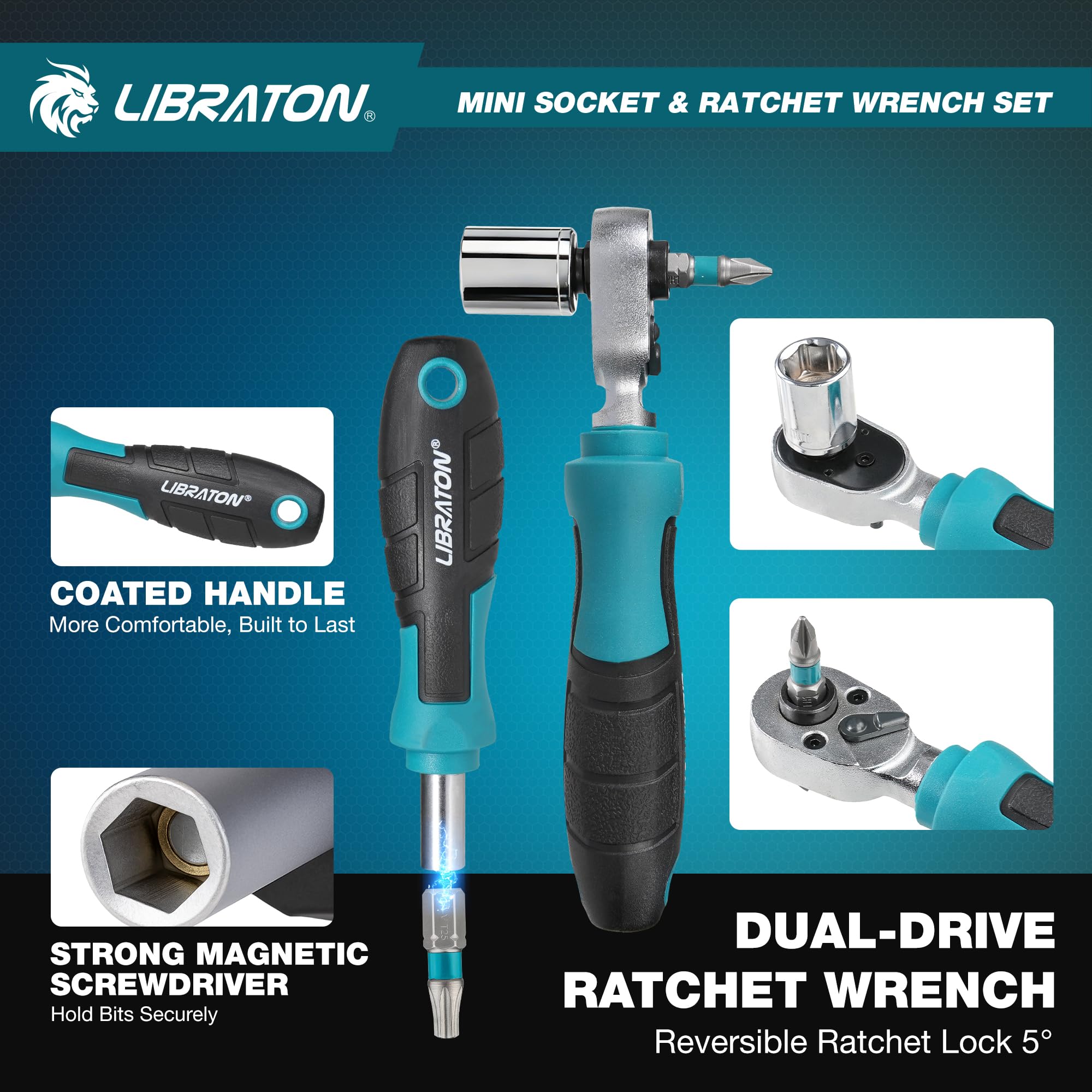 LIBRATON Ensemble de cliquet et de douilles mini 37 pièces avec entraînement de 10,2 mm, embouts de 4–13 mm, manche magnétique, barres d’extension et joint universel, avec étui de rangement pour