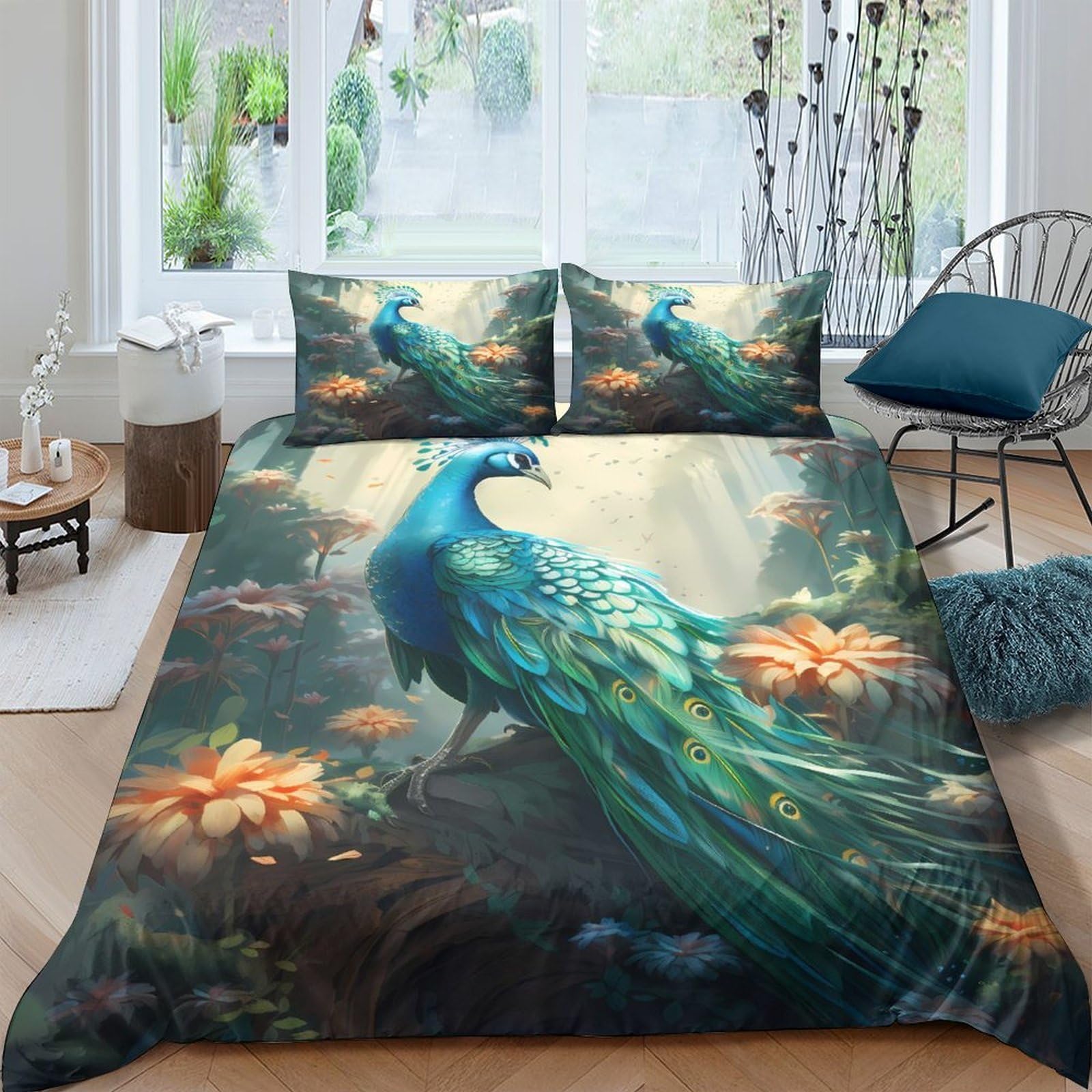 Ctjqhvkz Style-8 3D Printed Peacock Garden Fitted Sheet Microfiber Soft Bedroom Decor Floral Bed Cover For Home Guest Room Single（135X200cm）