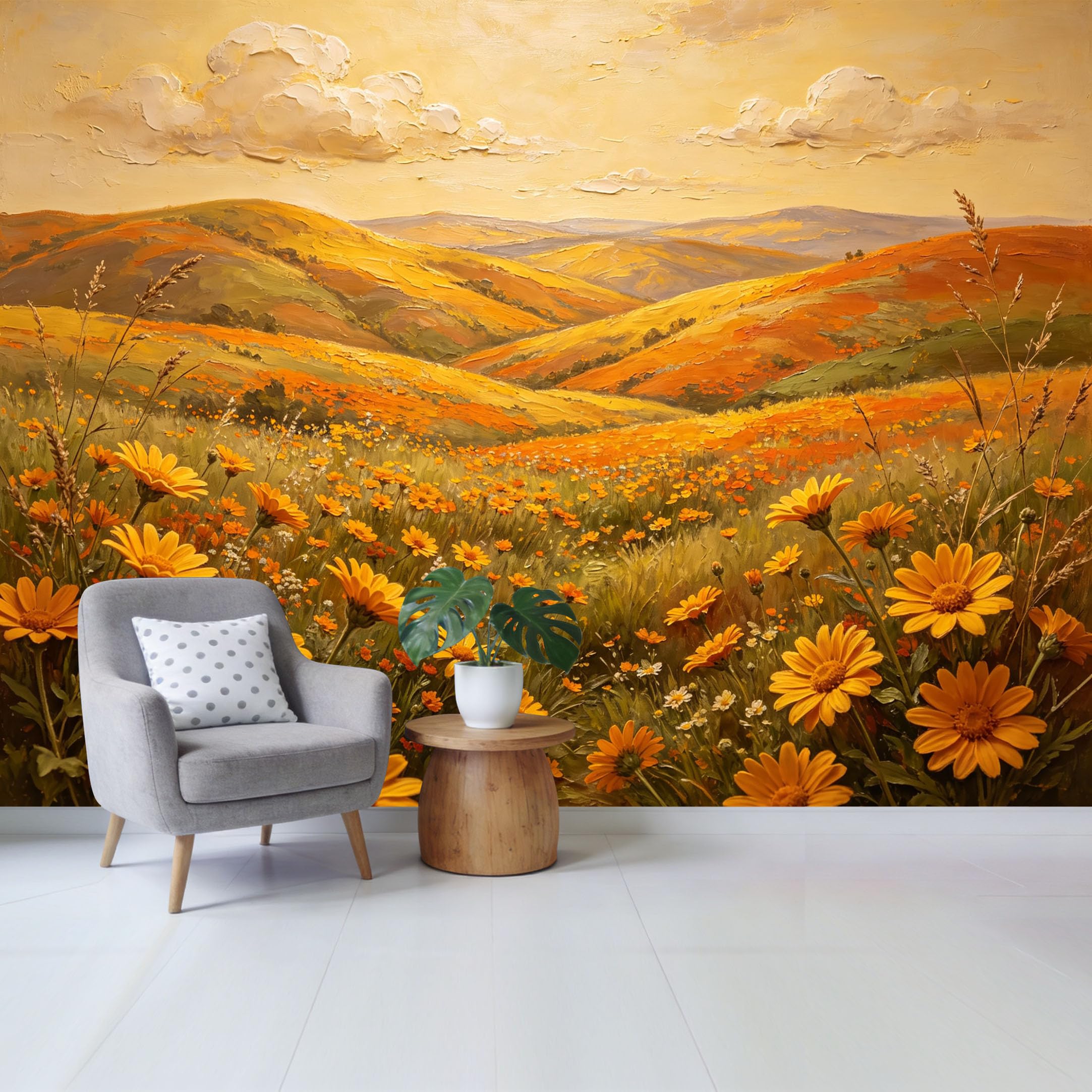 Qzlithotic Yq2605251240 Custom Size Wall Mural Golden Sunset Rolling Hills Wildflower Field Oil Painting Landscape Selfadhesive Wall Fabric Removable Wallpaper For Home Office Decor