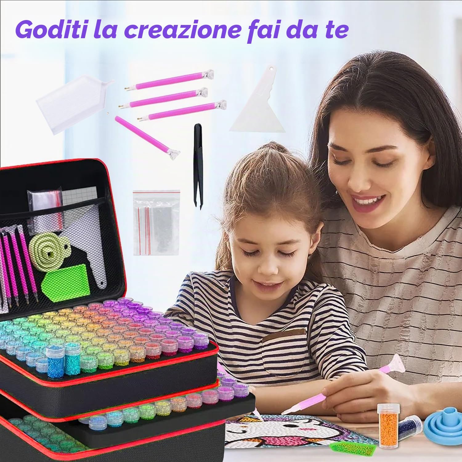 Diamond Painting Kit,Scatola di Immagazzinamento Della Pittura a Diamant,240 Pezzi Di Bottigliette,Con Scatola,Imbuto,Adesivi e Altri Accessori,Adatto Per La Pittura a Diamante,Ecc.(Colore: Rosso)