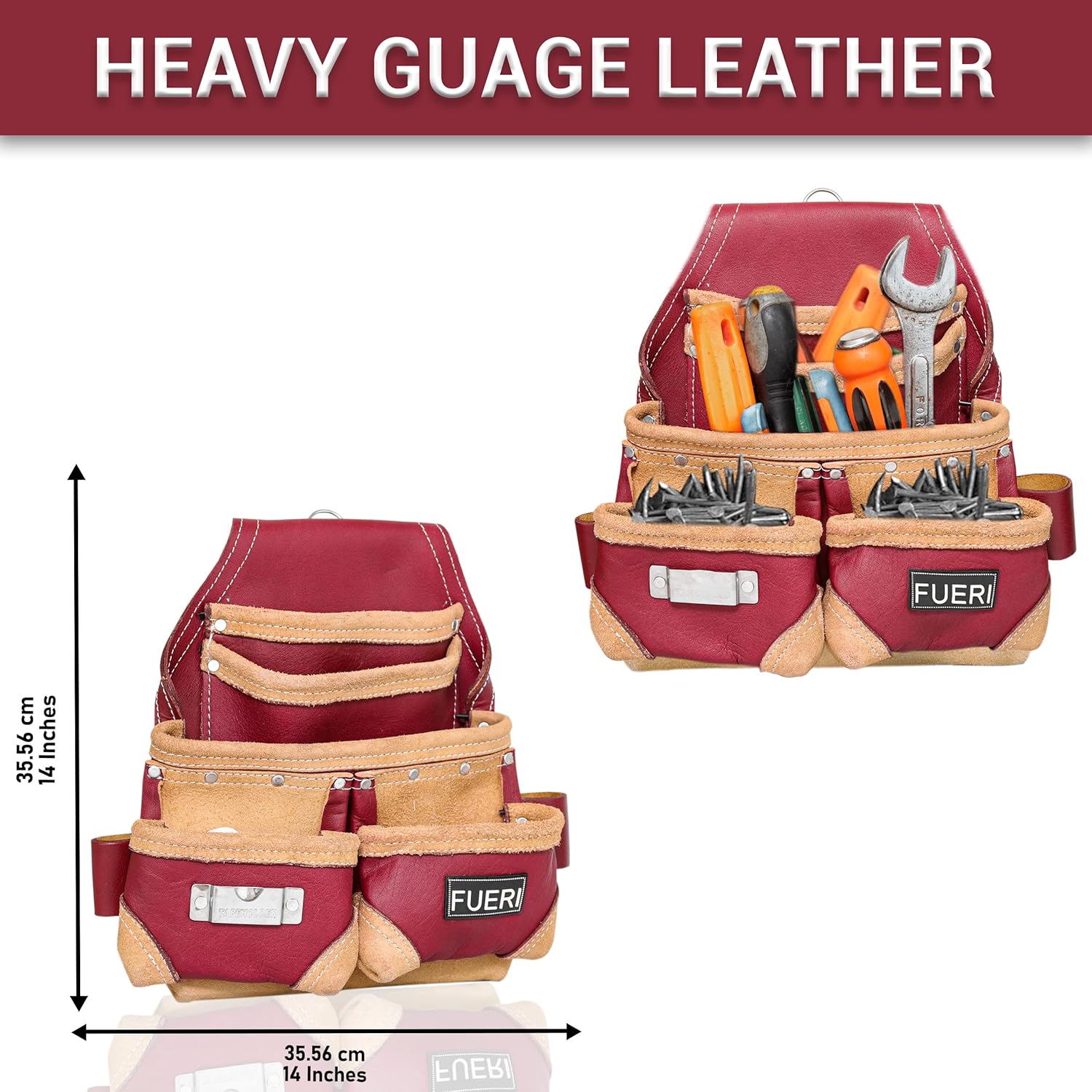FUERI Leather Tool Belt Bag Men Pouch Heavy Duty Tools Pouches Organizer for Carpenter Construction Electrician Belts Bags Holder (16 Pocket Maroon, Adjustable)