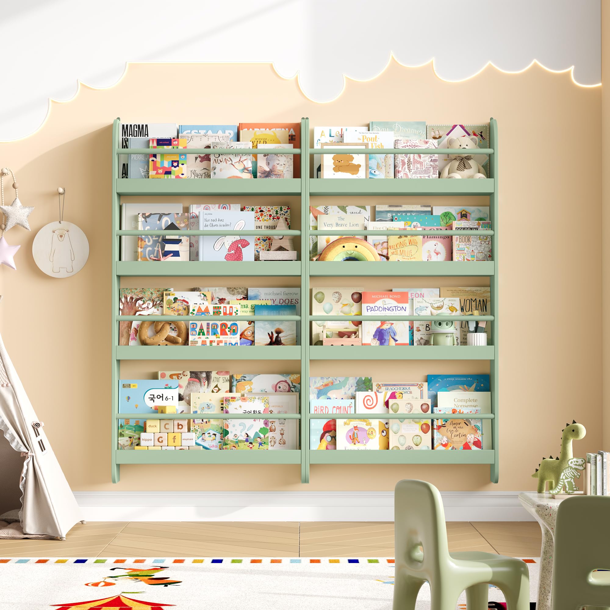 FOREHILL Estantería Infantil Pared, Estantería Infantil Libros, Librería Infantil Montessori, Madera, para Niños, 4 Estantes 111x58x12cm Verde