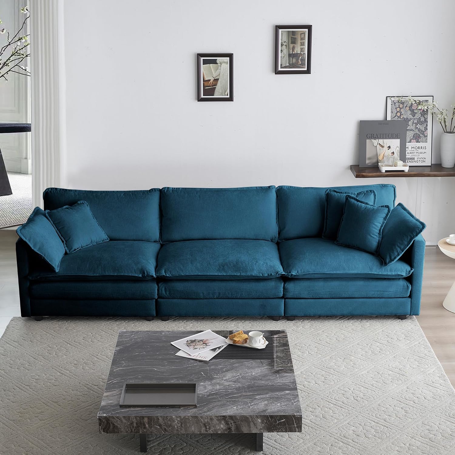 GNIXUU 111.5" Modern Cloud Sofa Couch, Upholstered Chenille 3 Seat Sofa Couch with Pillows & Armrest for Living Room, Bedroom, Deep Seat Sofa(Beige White)