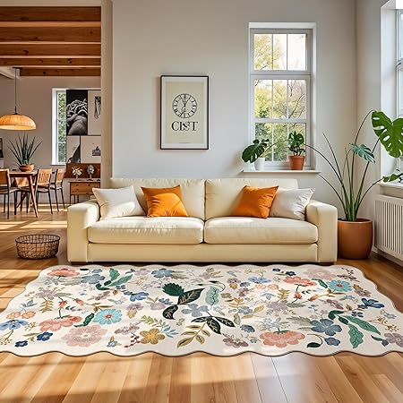 Washable 4x12 Wide Area Rug: Hallway Soft Floral Scalloped Carpet Water Resistant Non-Slip Runner Rug for Entryway Kitchen Dining Room Low Pile Floor Mat for Living Room Bedroom Nursery(4x12,Cream)