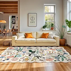 Washable 4x12 Wide Area Rug: Hallway Soft Floral Scalloped Carpet Water Resistant Non-Slip Runner Rug for Entryway Kitchen Dining Room Low Pile Floor Mat for Living Room Bedroom Nursery(4x12,Cream)