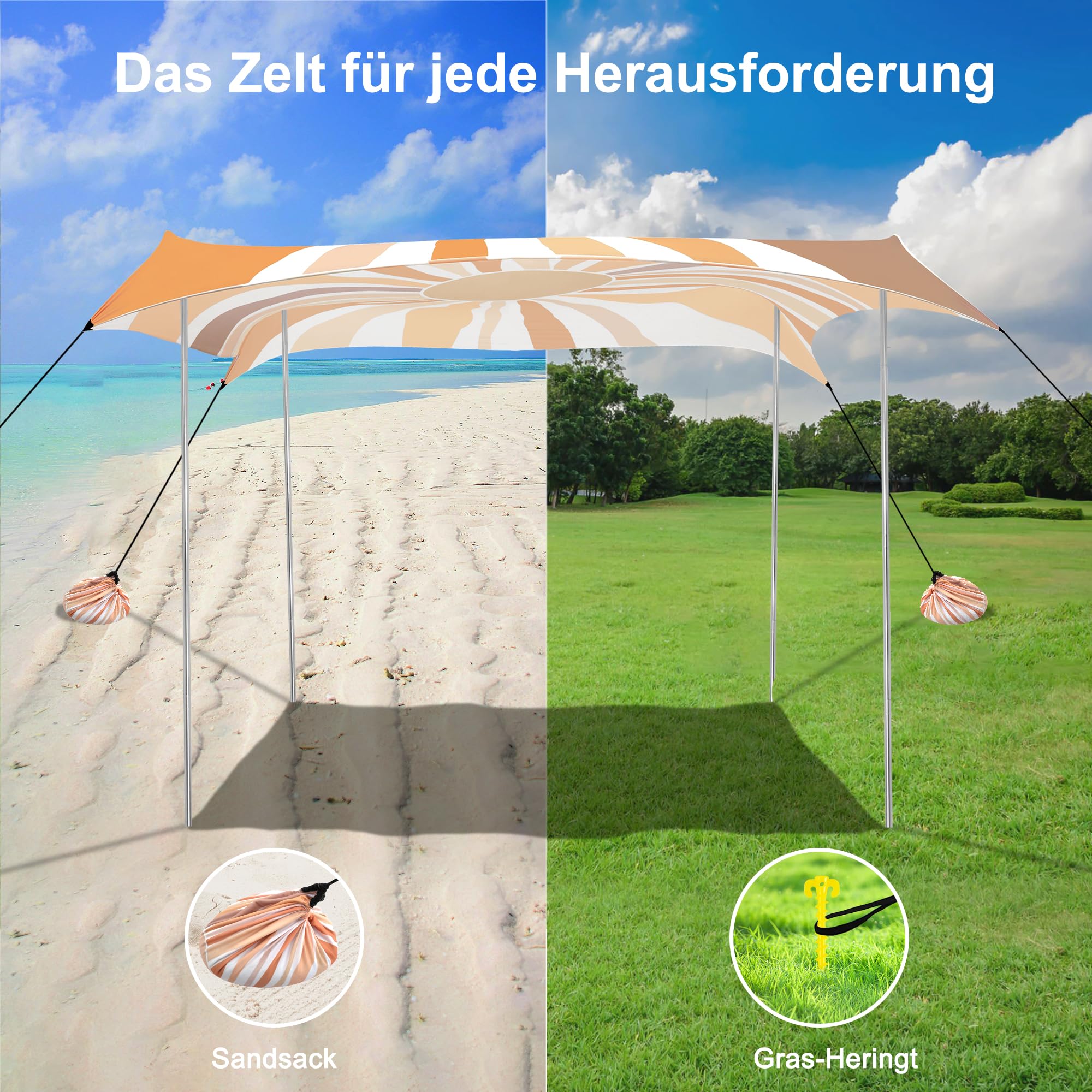 Strandmuschel, Strandzelt Sonnenschutz UV 50+, Windschutz Strandzelt, 3×3 m Tragbar Pop-Up Sonnensegel Strand mit Sandankern & Heringen für Camping, Angeln, Picknick im Garten Strand - Sonnenblumen