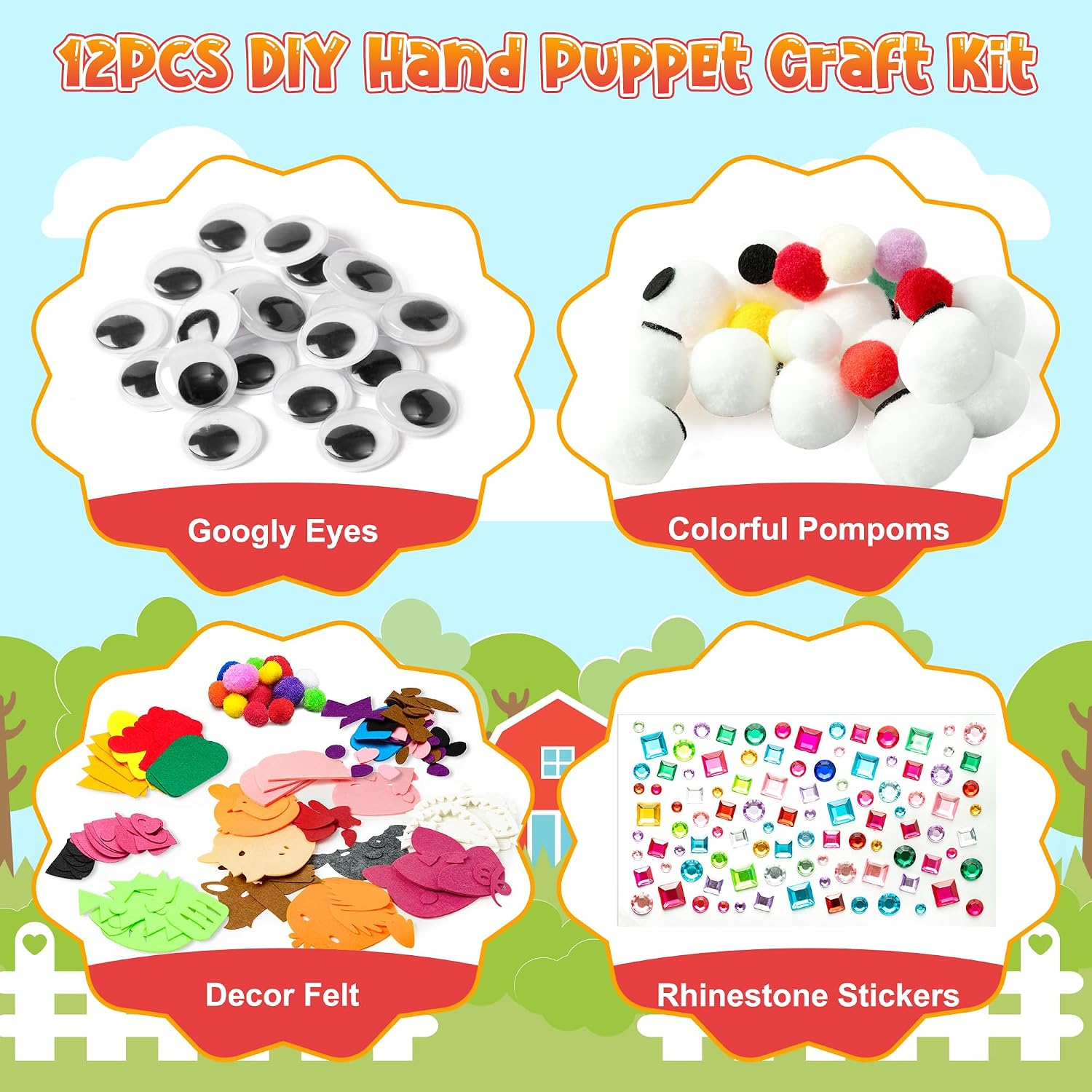 WATINC 12Pcs Hand Puppet Making Kit, Art Craft Felt Sock Puppet Toys, Creative DIY Make Your Own Pompoms Wiggle Googly Eyes Storytelling Role Play Party Supplies Gift for Girls Boys (Animals Farm A) image 2