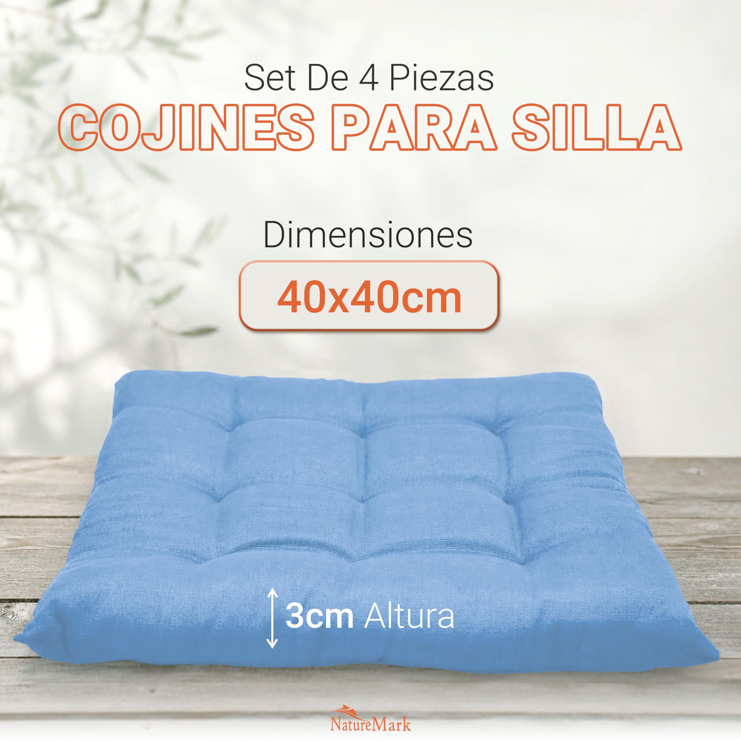 NatureMark Set de 4 Cojines para Sillas con Lazos 40x40 cm – Cojín de Asiento Relleno para Cocina, Jardín y Terraza – Color Azul Claro