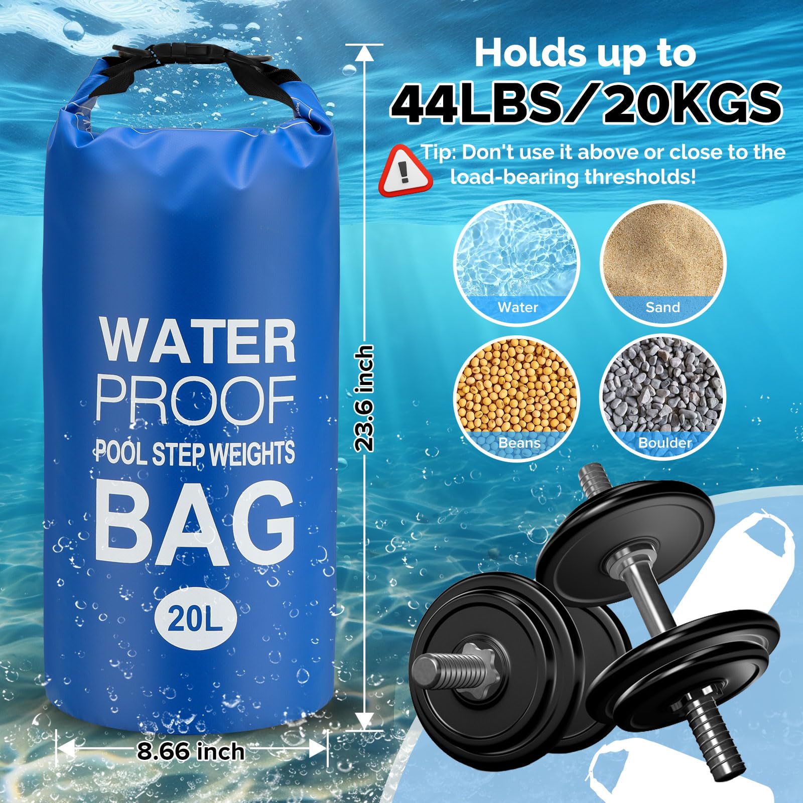 Goovilla Poolleiter-Gewichte, universal, 2 Stück, 20 l, 500D PVC, wasserdicht, reißfest, Sandsäcke für oberirdische Pool-Stufen, einfach zu befüllen und zu versiegeln, mit starkem Griff und 4 Gurten