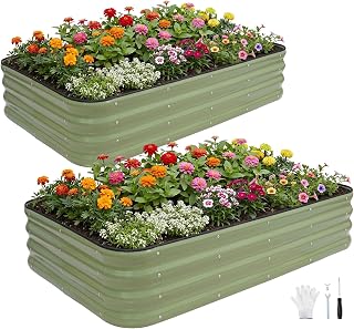INNO STAGE Aiuola Rialzata Regolabile, 150 x 90 x 30cm Cassoni Piantatori in Metallo da Esterno per la Coltivazione di Verdure, Erbe Aromatiche, Fiori Kit di Aiuola Rialzata in Acciaio - Verde Oliva 2 Pezzi