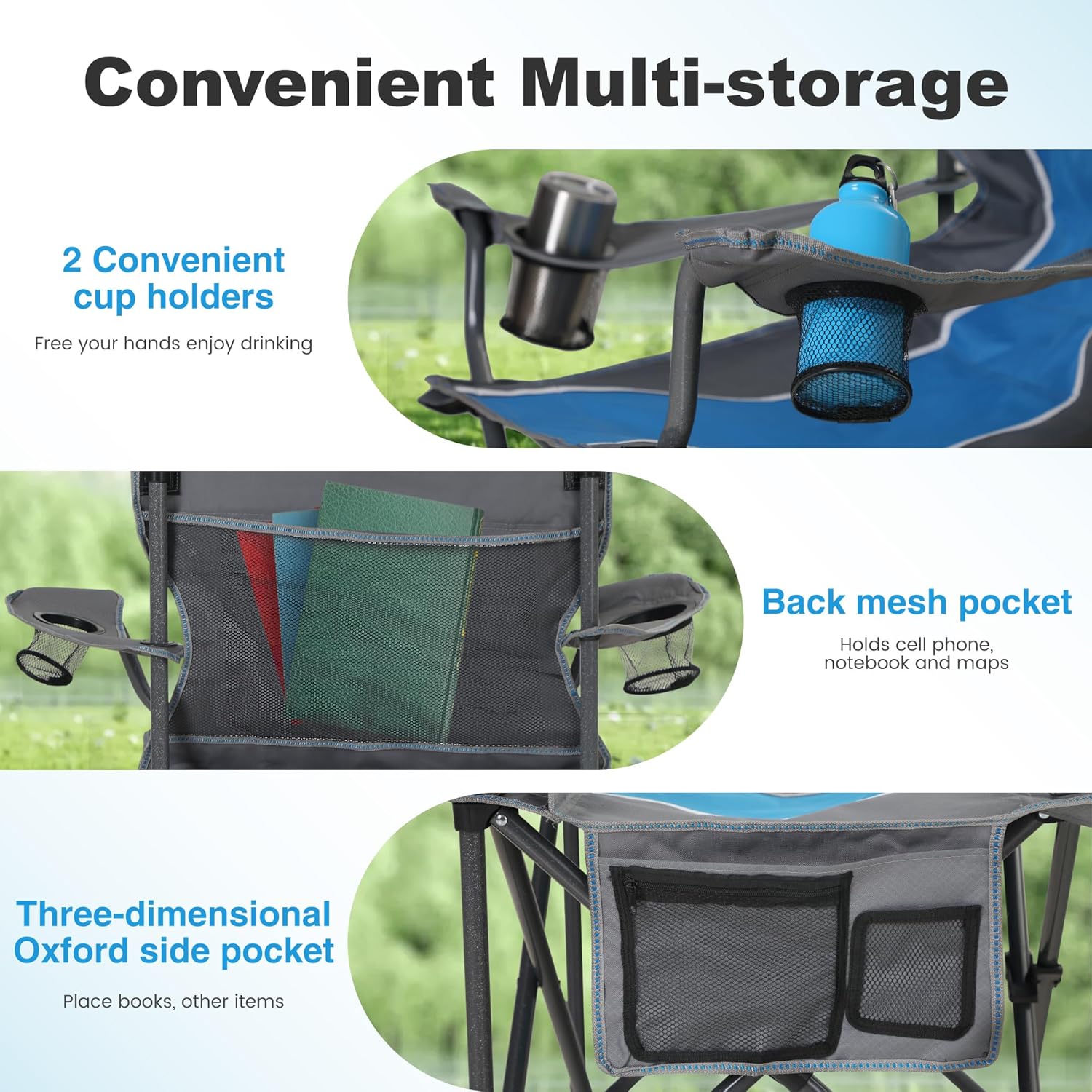 LET'S CAMP Oversized Outdoor Folding Camping Chair, 2 Pack Heavy Duty Arm Chairs with Cup Holder and Storage Bag, 350 LBS Weight Capacity, Blue - Image 7