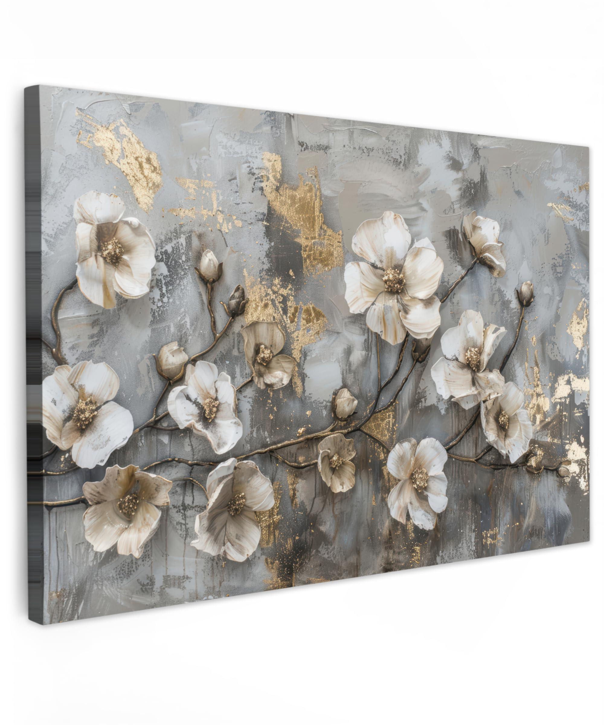 MuchoWow© Canvas Wall Art 47"x31" / 120x80 cm Home Decor Paintings for Living Room Decorations Gifts Hallway Flowers - White - Grey - Gold - Luxury — image 1
