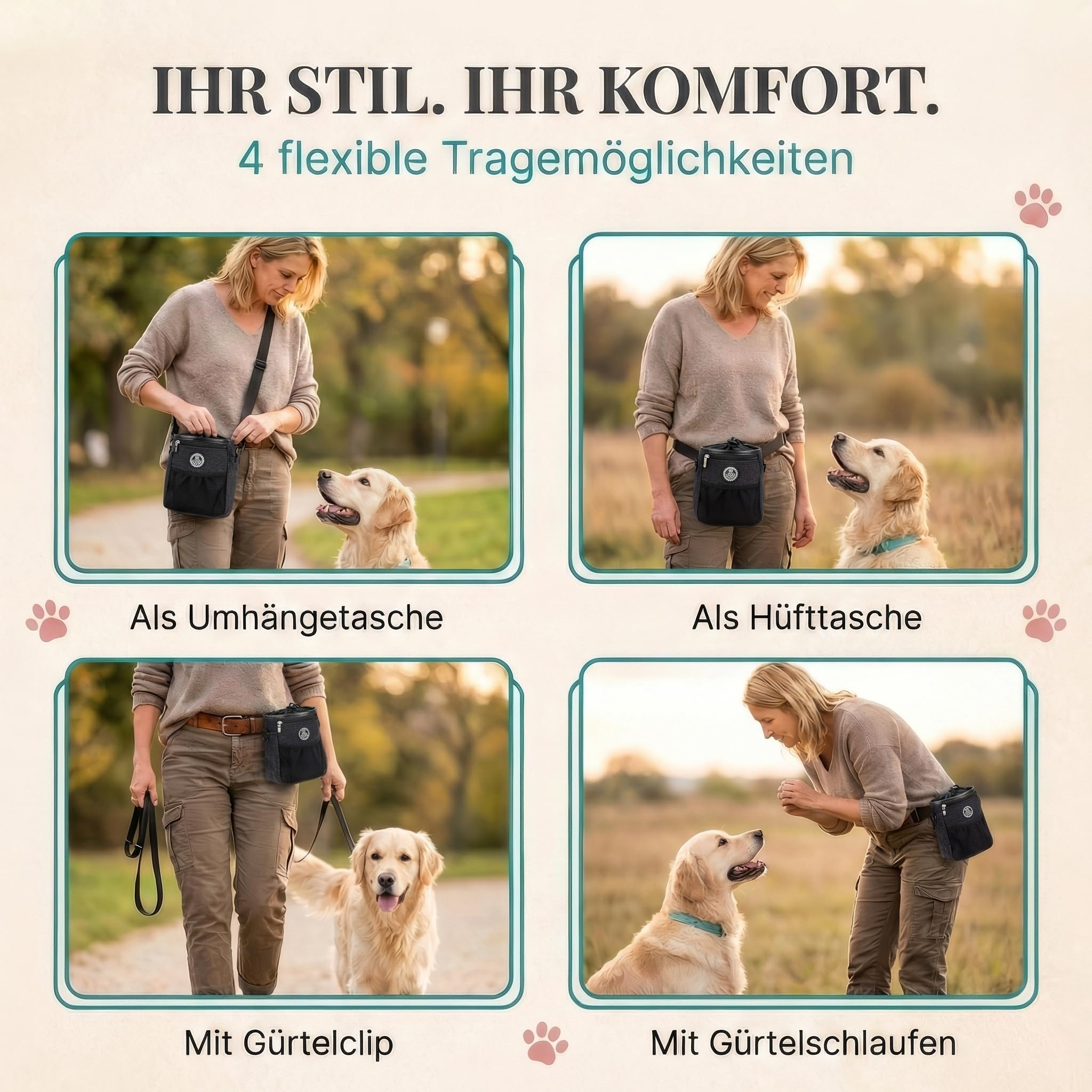 HUND IST KÖNIG Premium Leckerlibeutel für Hunde - der Alleskönner - Robuster Futterbeutel Hunde mit viel Stauraum für das Gassigehen & Hundetraining - mit Kotbeutelspender & Trainings-Ebook