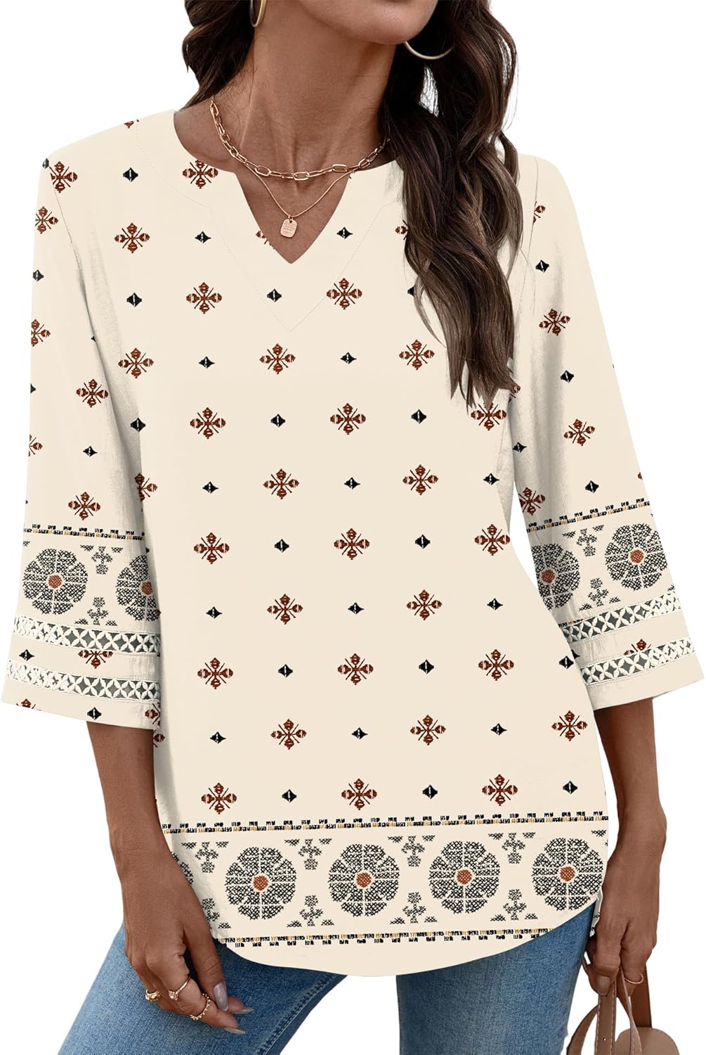 Lomon Womens 3/4 Sleeve V Neck Bohemian Blouses Casual Loose Fit Tunic Tops Vacation Clothes - Image 2