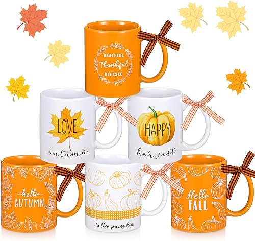 Miniatura 1 de Juego de 6 tazas de café de 11 onzas para Acción de Gracias, regalos de otoño, tazas de café de cerámica, diseño de hojas de arce, decoración de