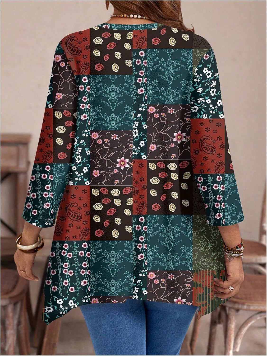 SOLY HUX Women's Plus Size Boho Floral Tunic Tops 3/4 Sleeve Crew Neck Tee Fall Casual T Shirt - Image 3