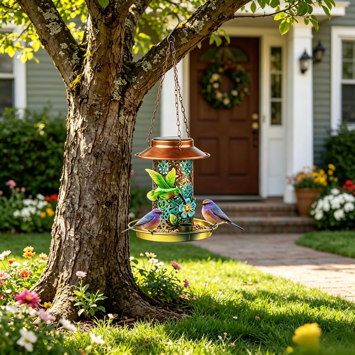 Mangiatoia solare per uccelli per esterni, in metallo resistente, da appendere, con luce per giardino, cortile, esterno, regalo decorativo a forma di lanterna unica