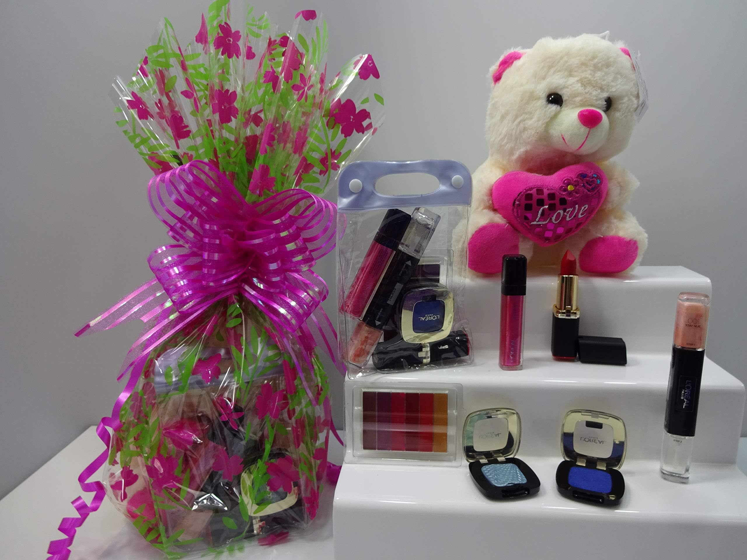 L'Oreal Beauty Bundle Gift Hamper With Free Teddy Bear With Holding Love Heart, Gift Wrapped Gift Hamper For Her