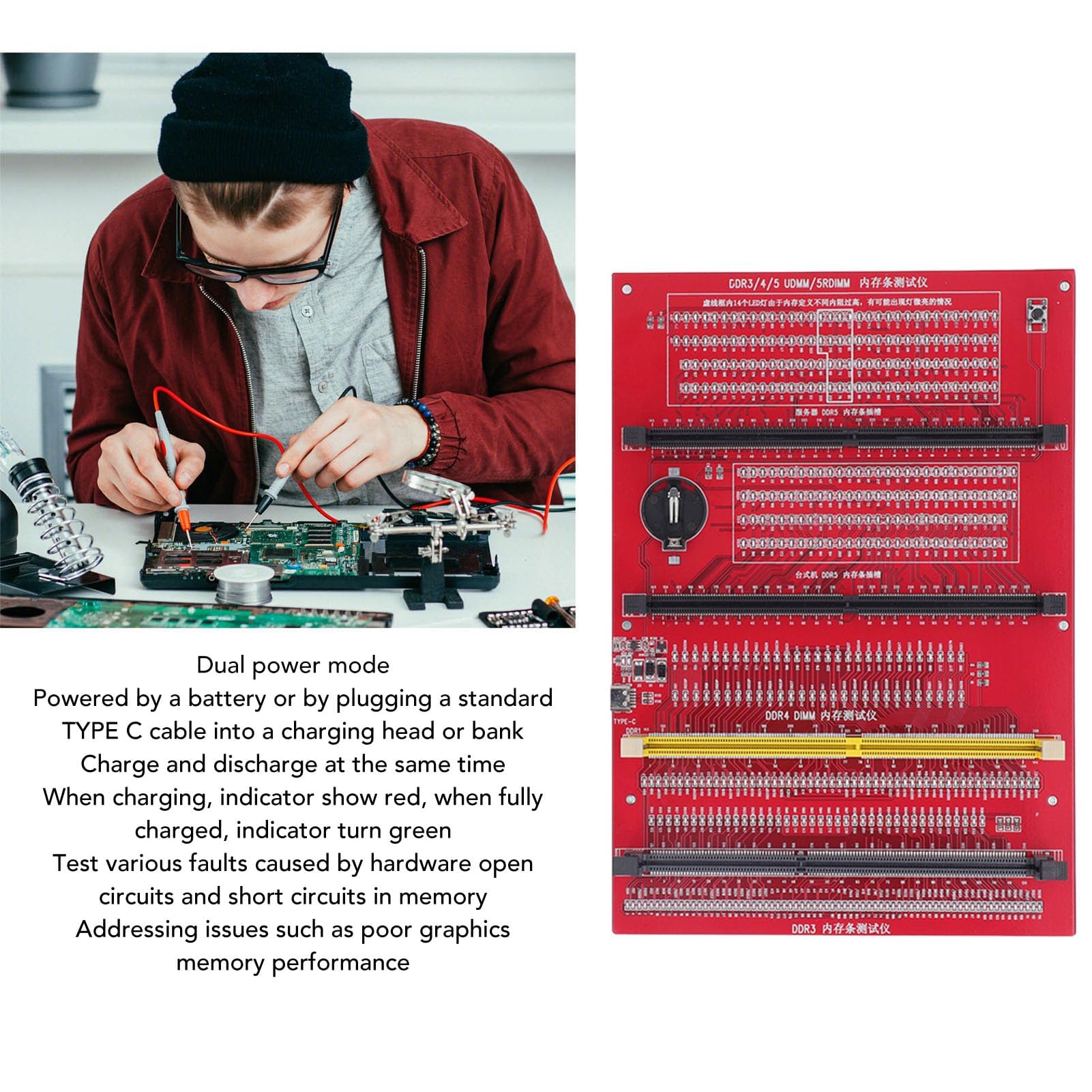 Probador de Memoria RAM DDR3 DDR4 DDR5 4 en 1 Analizador de Diagnóstico para Tarjetas en Computadoras de Escritorio y Servidores