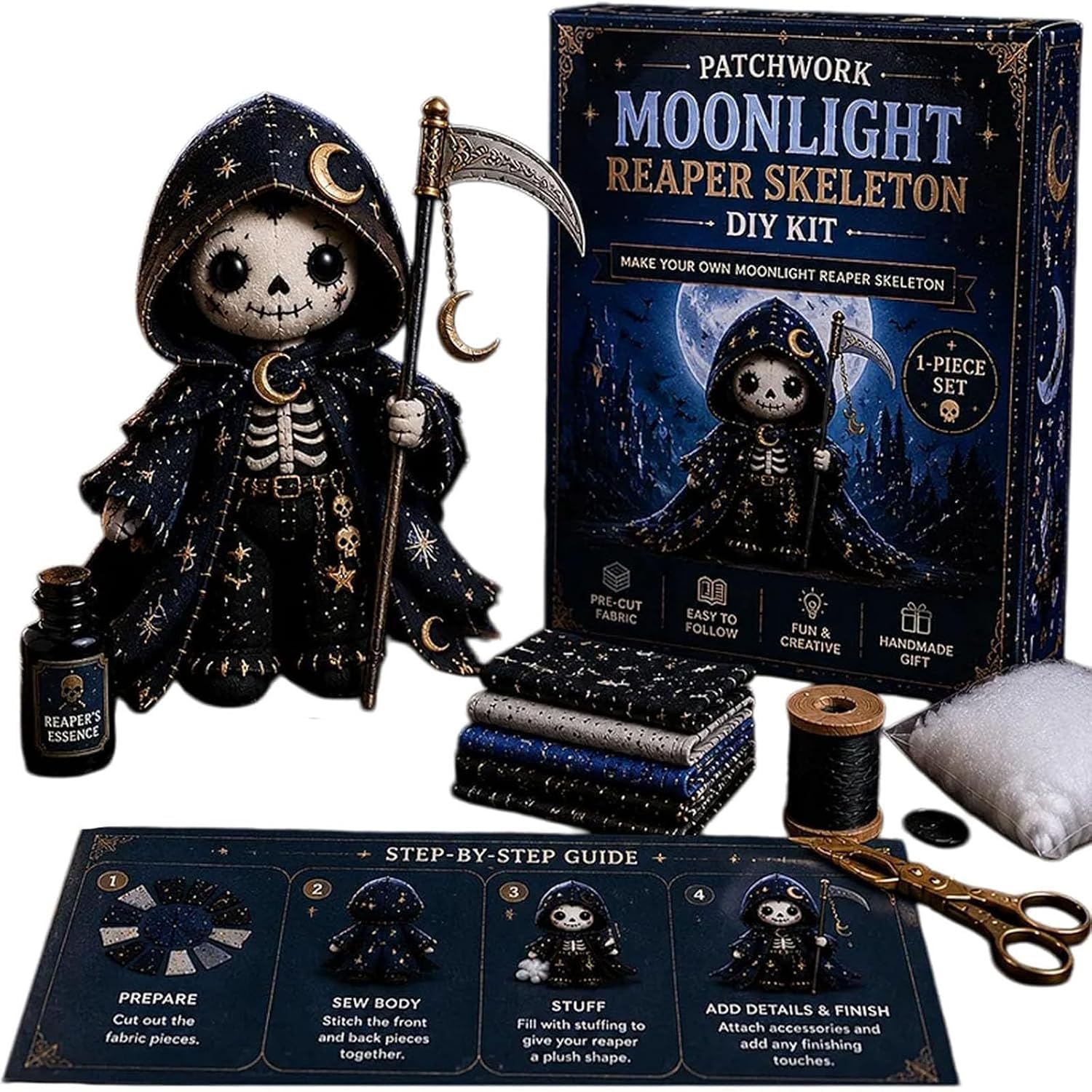 Halloween DIY Patchwork Kit,Day of the Dead Patchwork Doll DIY Kit,Sugar Skull Sewing Craft Kits,Handmade Fall Home Decor,Pre-Cut Plush Doll Making Sewing Set with Stuffing & Thread (I)