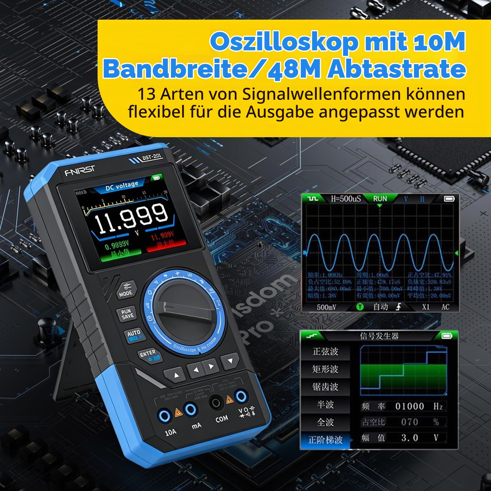 DST-210 Handheld Oszilloskop, 3 in 1 Digitales Oszilloskop Tragbar 1MHz 5MSa/s Abtastrate 19999 Counts TRMS 2.8'' TFT Signalgenerator AC/DC Spannungstest Kondensator Widerstand Diode