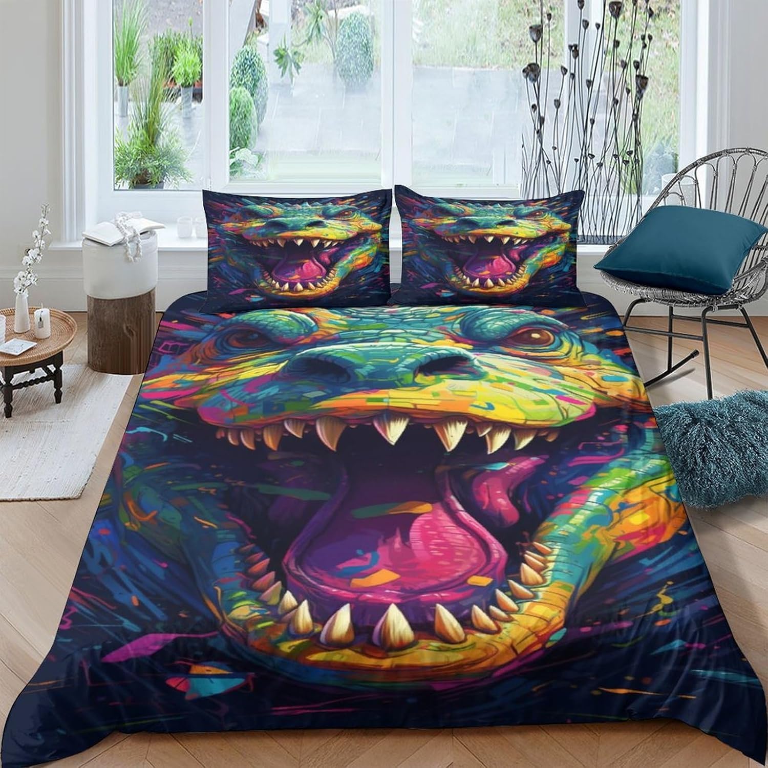 Housse de couette crocodile 3D pour chambre d'enfant et adulte avec parure de lit zippée 3 pièces
