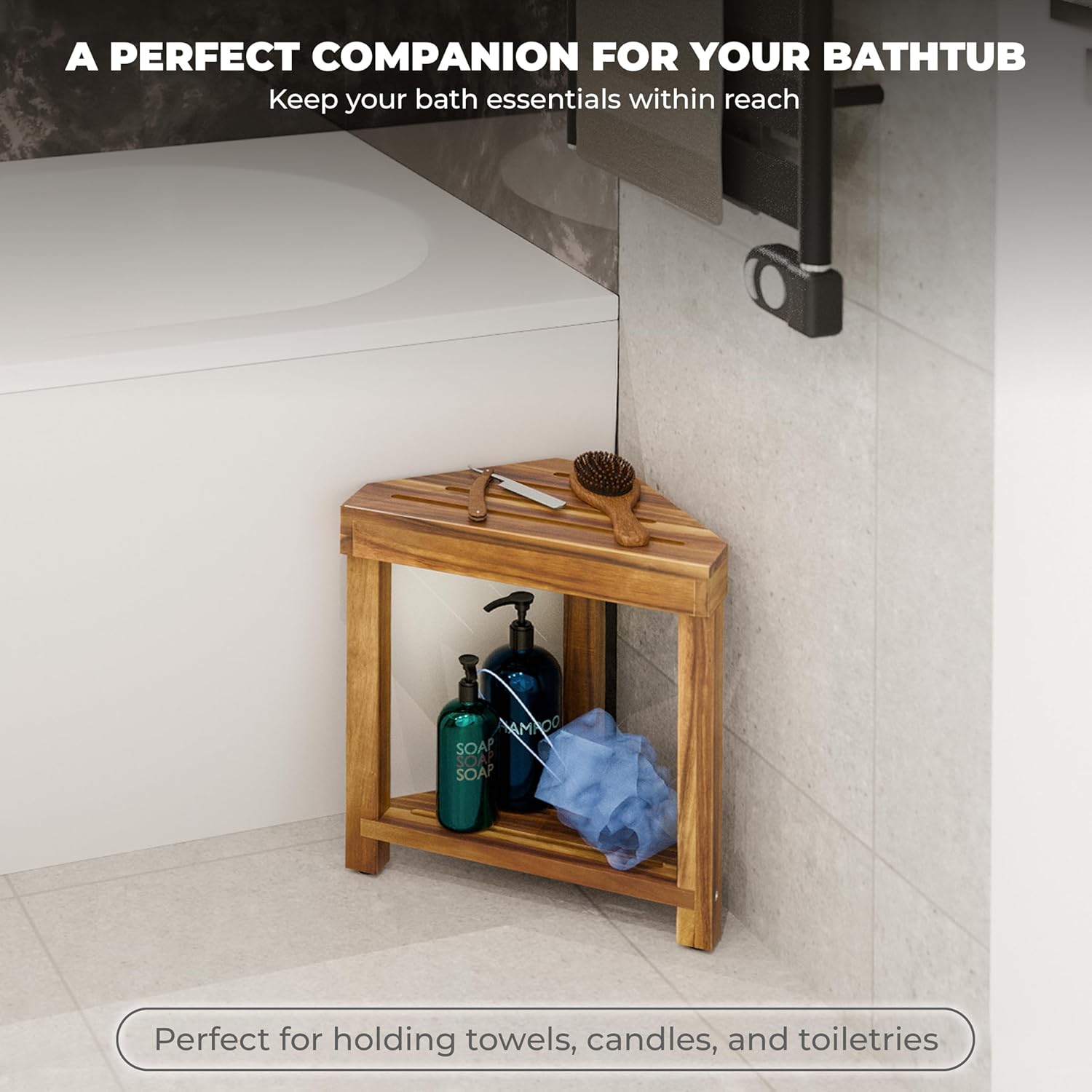 BLUEWEST 16.4" Shower Foot Rest, Corner Shower Stool, Wooden Shower Foot Stool for Shaving Legs Inside Shower, Waterproof Shower Foot Rest with Storage Shelf for Small Shower Space, Shower Seats