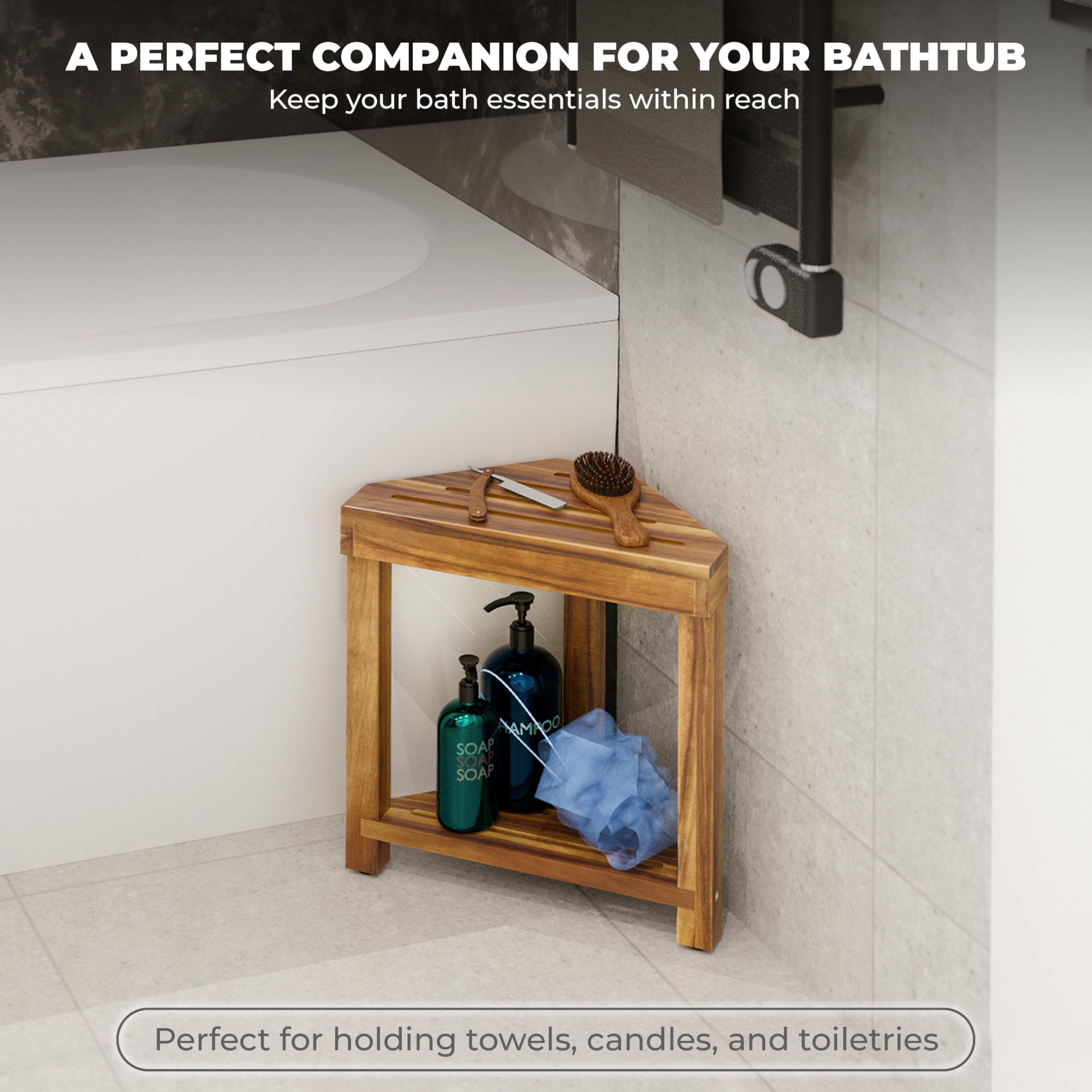 BLUEWEST Reposapiés de ducha, taburete de ducha de esquina, taburete de ducha de madera para afeitarse las piernas, reposapiés de ducha impermeable con estante de almacenamiento para pequeños espacios