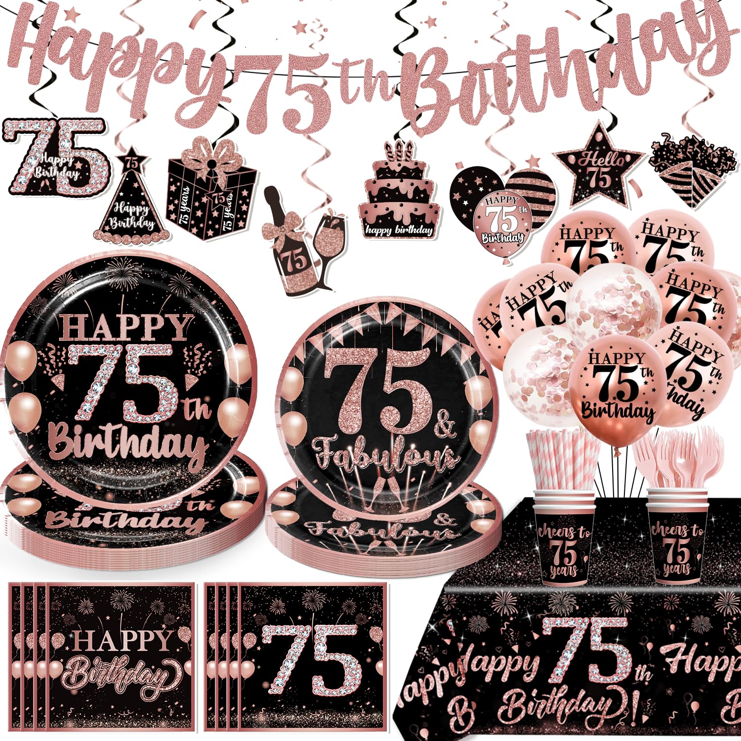 185pcs 75th Birthday Decorations for Women with Plates, Napkins, Cups, 2pcs Waterproof Tablecloth, Banner, Hanging Swirls, Balloons Rose and Gold
