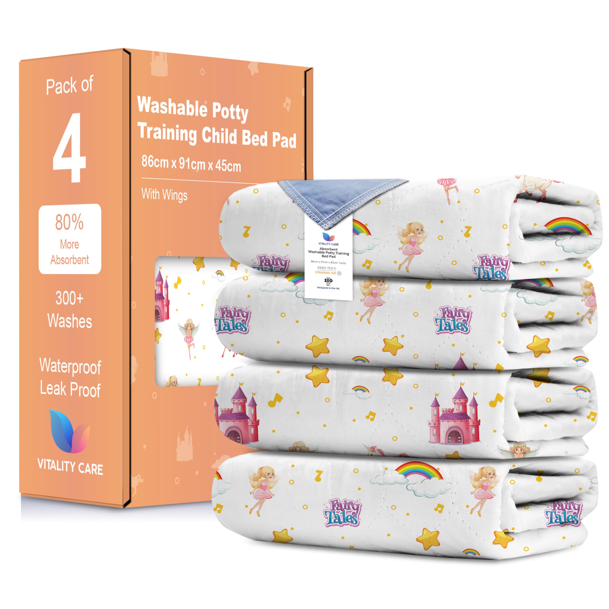 Vitality Care Potty Training Bed Pads, 100% Waterproof Mattress Protector, Non-Slip Bed Wetting Sheet for Single Toddler Beds, Fairytale Design, Single