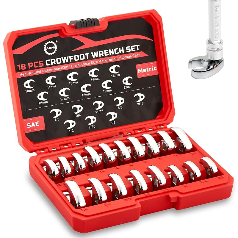 Kit de Chaves Crowfoot com Porca de Flange AKM, Encaixe de 3/8 pol., 6 Pontos, Métrico e SAE, Aço-Liga, com Organizador, 18 Peças