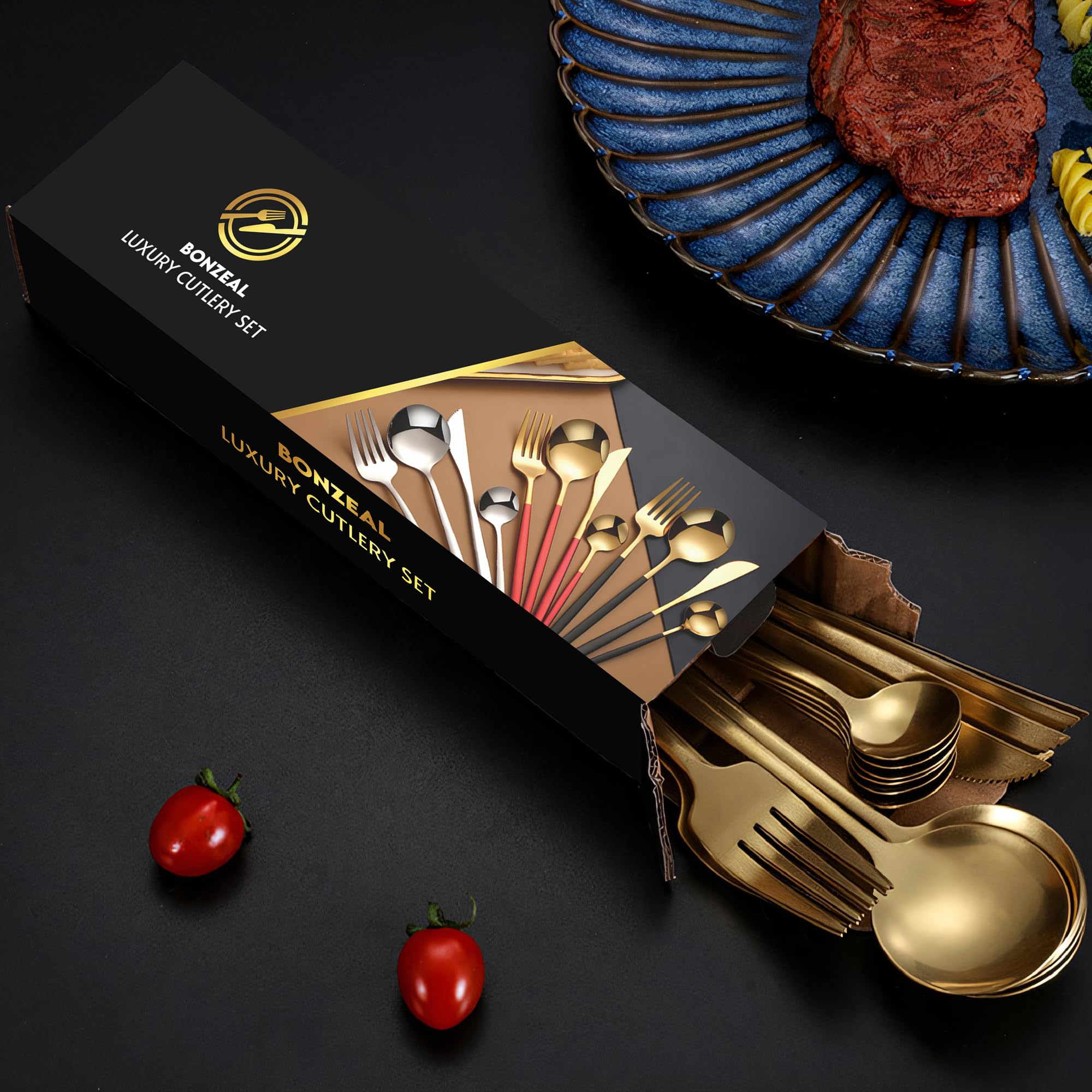 BonZeaL Gold Flatware Set - Luxury Stainless Steel for 12 -4
