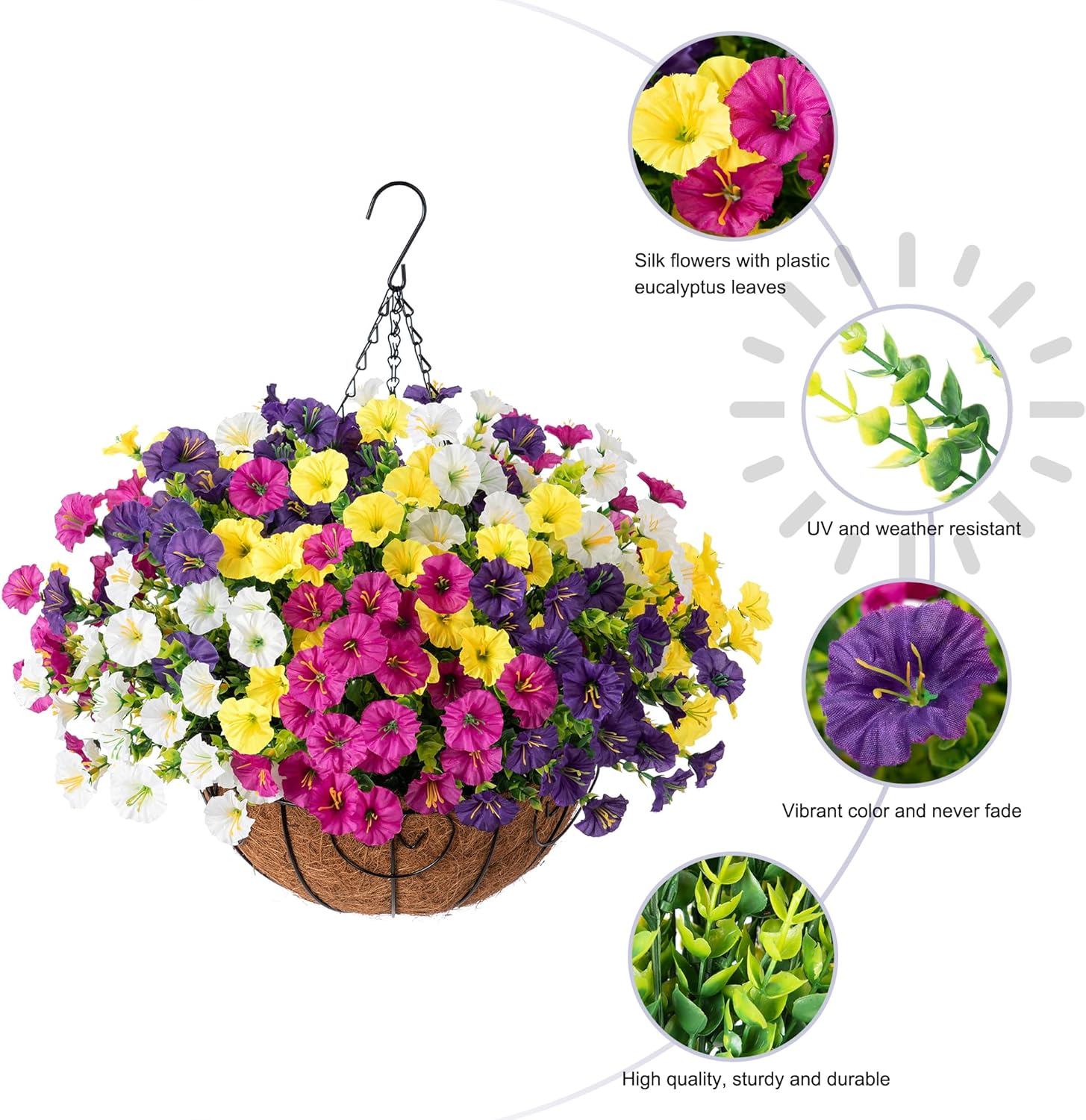 Artificial Faux Hanging Plants Flowers Basket for Spring Summer Outdoors Decoration, Fake Silk Colorful Morning Glory with Eucalyptus Look Real UV Resistant for Outside Porch Patio Balcony Garden Home - Image 5