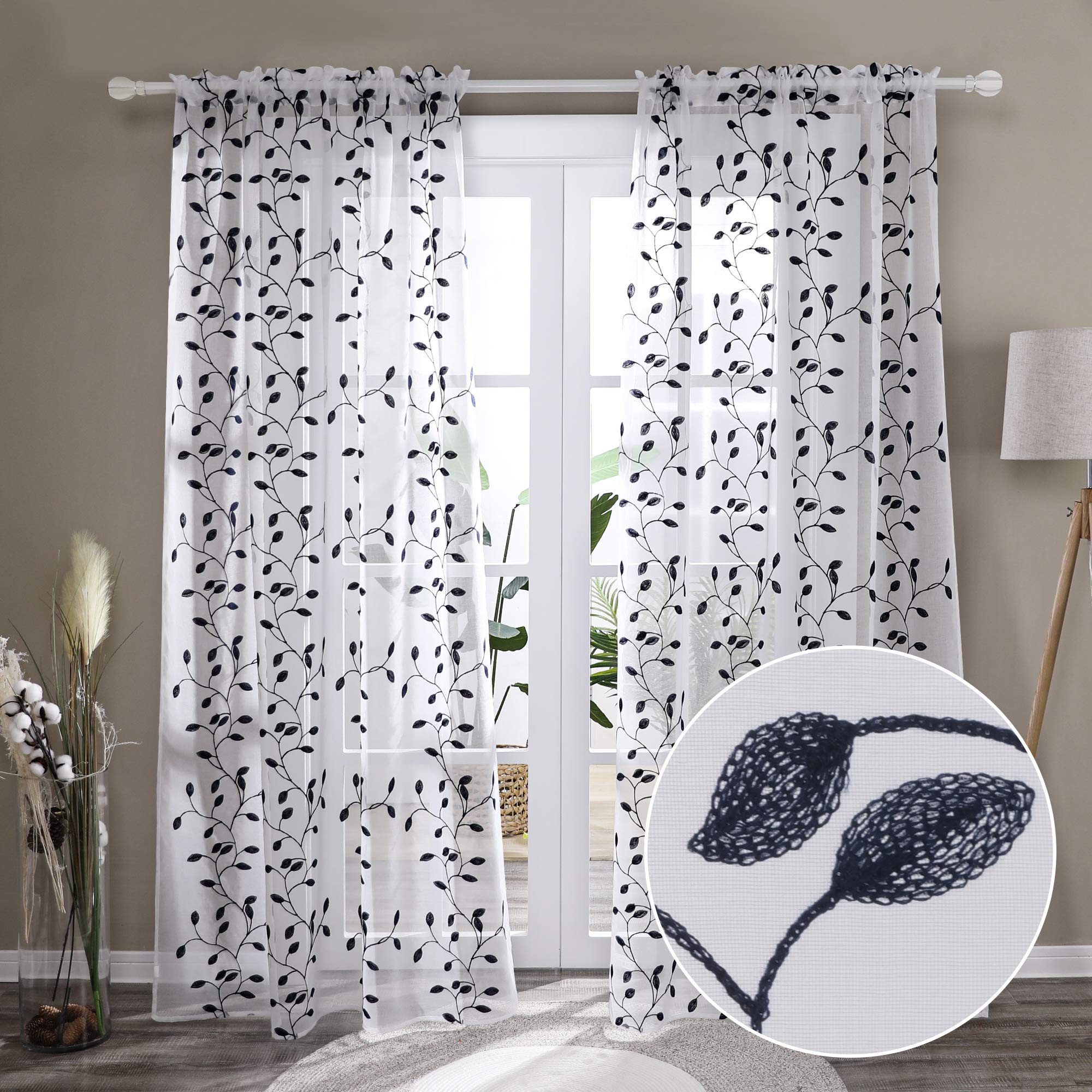Deconovo Rod Pocket Sheer Curtain Drapes with Leaf Pattern Embroidered, Long Sheer Curtains Natural for French Doors Sliding Glass Door Windows, 2 Panels, 52x108 Inch, Navy Blue