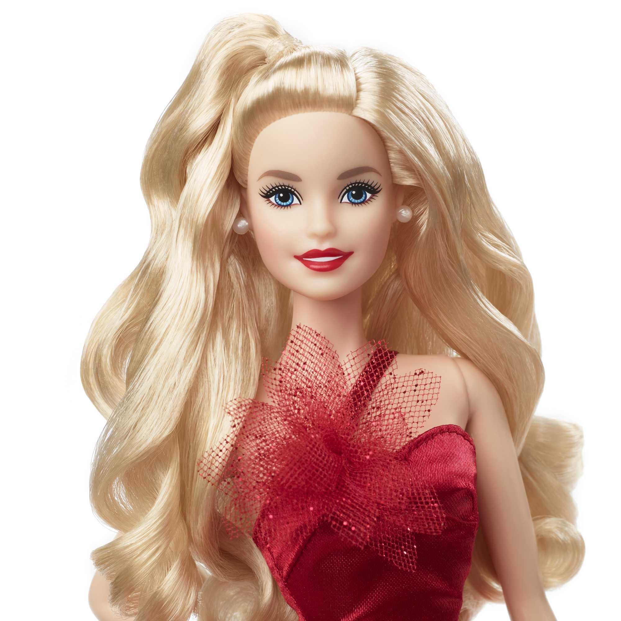 Barbie - Barbie Signature Magia delle Feste 2022 bambola bionda, capelli ondulati, abito rosso con ampia gonna e orecchini pendenti, da collezione, Giocattolo e regalo per Bambini 6+ Anni, HBY03