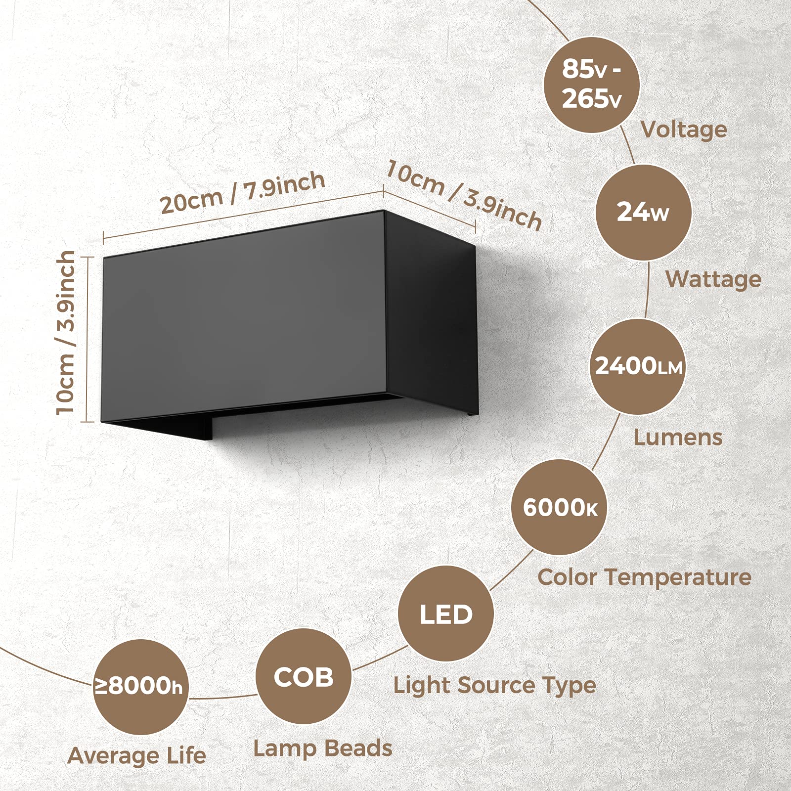 ENCOFT 24W COB LED Applique Esterno e Interno, Lampada da Parete Muro IP65 Impermeabile, Luce Bianco Freddo 6000K, in Alluminio Angolo Regolabile Nero