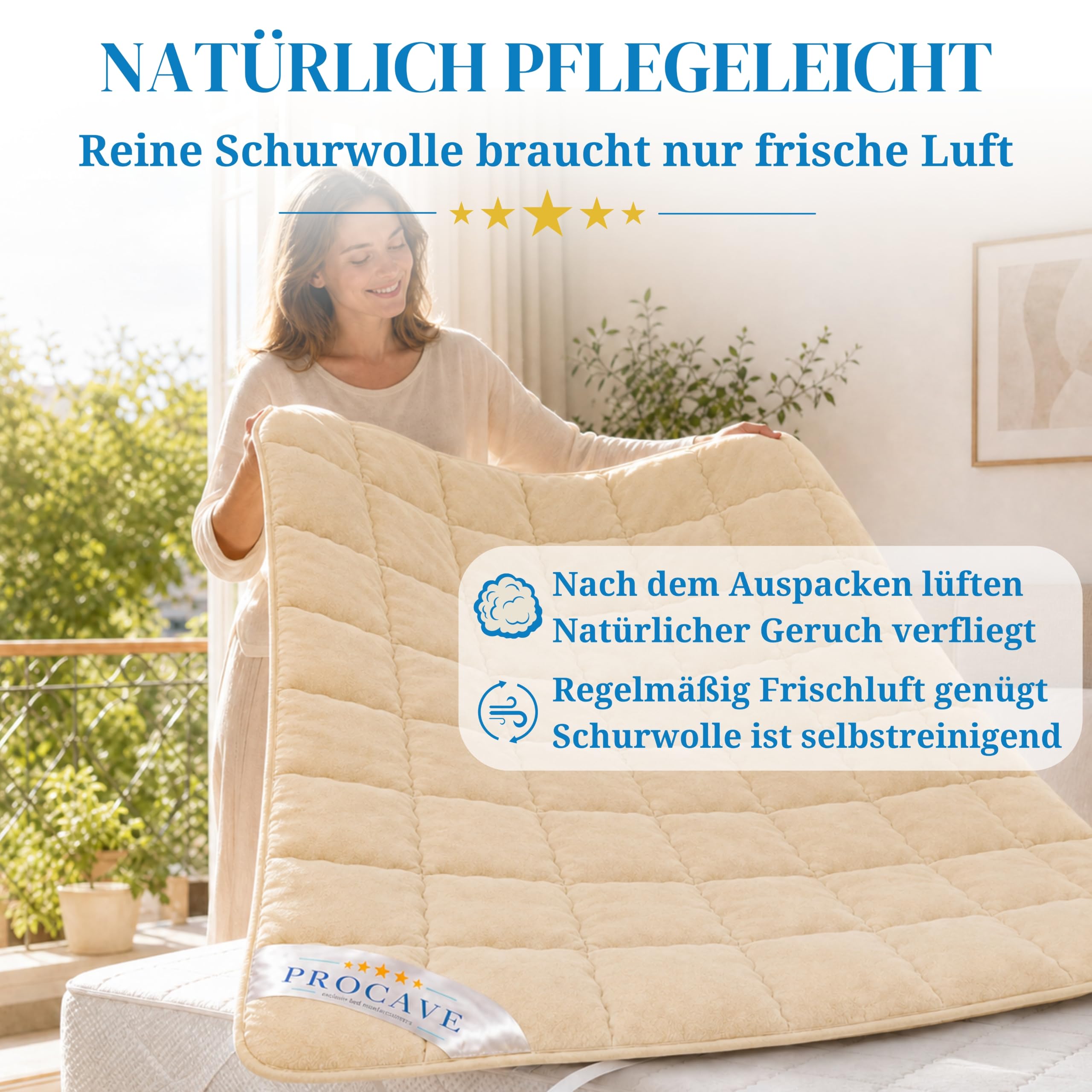 PROCAVE weiches Unterbett aus Schurwolle, atmungsaktiver Matratzen-Schoner, Matratzenbezug mit 4 Eckgummis,Matratzen-Auflage 180x200 cm