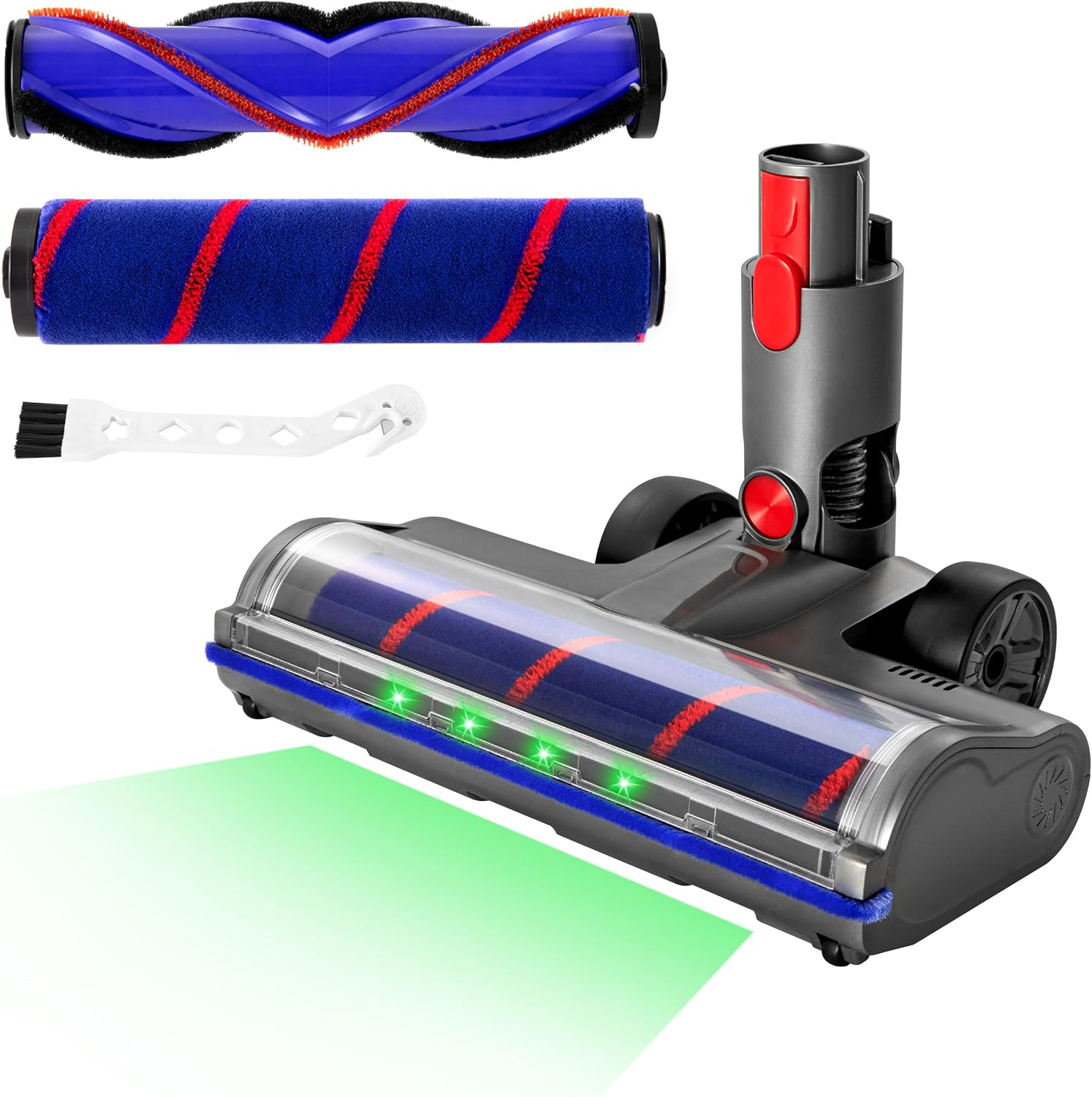 2 Brushes Vacuum Cleaner Head with Four Green LED Lights & Self-Standing Design, for V7/V8/V10/V11/V15, Quick-Release Motorized Brush Roll, Anti-Tangle for Hard Floor & Thin Carpets & Shaggy Carpet