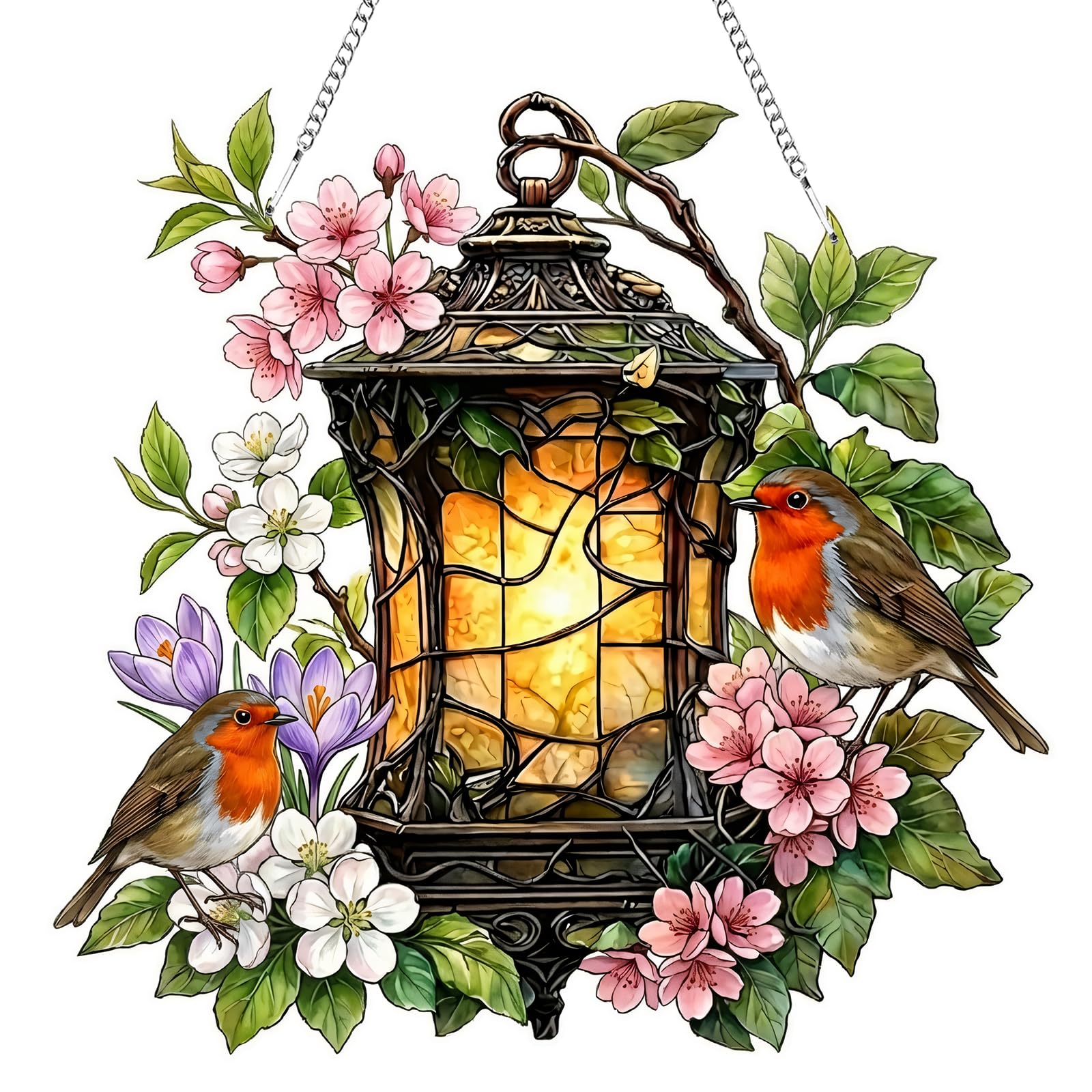 Robin Bird Sun Catcher, Stained Glass Window Hanging Ornament with Chain, Suncatchers for Windows Hanging, Acrylic Sun Catchers Indoor Window for Garden Home, Robin Gifts for Women
