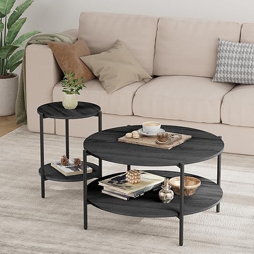 Miniatura 13 de Mesa auxiliar redonda, mesas circulares modernas de doble capa de 31 pulgadas, mesa de centro pequeña con estante de almacenamiento abierto, mesa