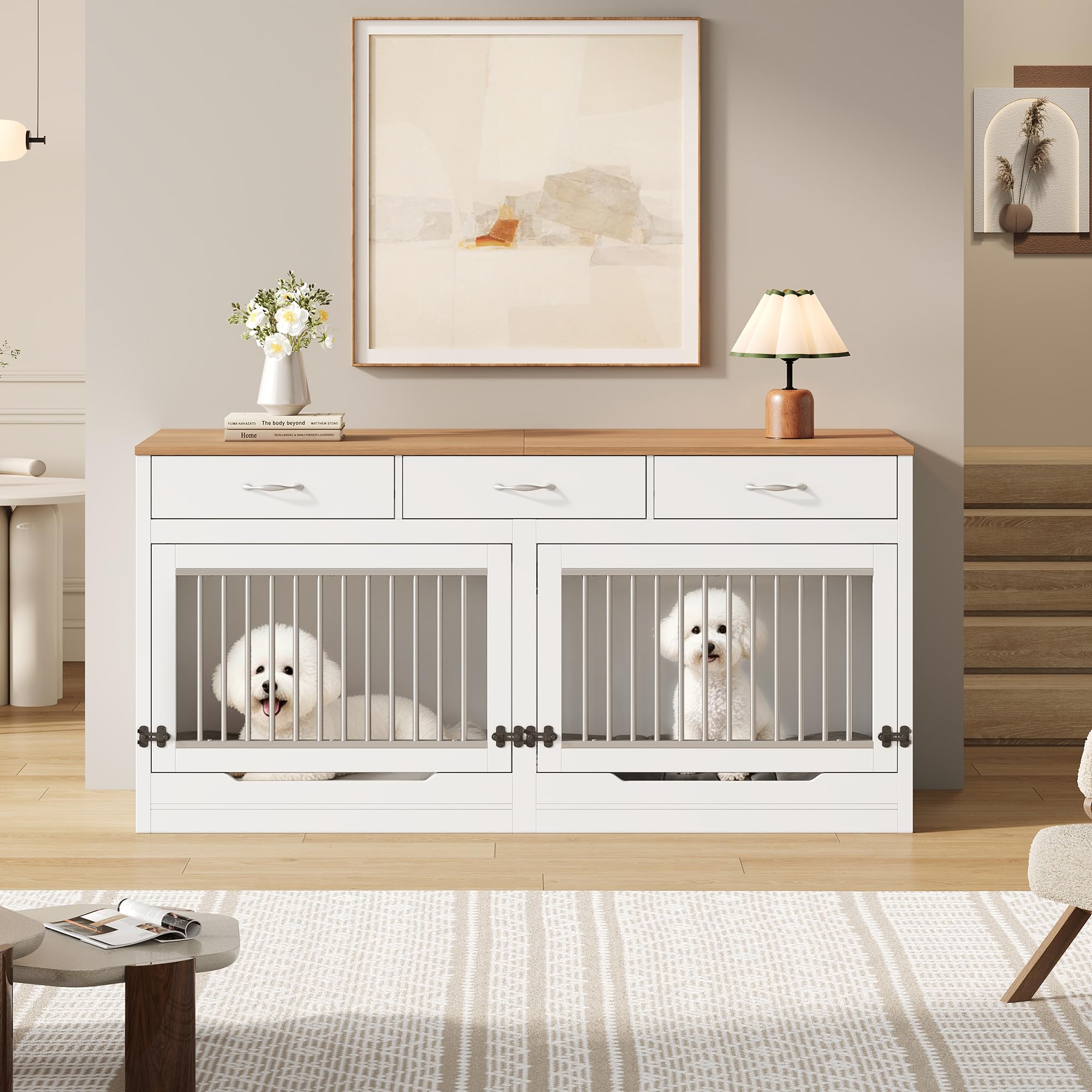 Holz-Metall Hundebox für 2 Hunde, 164x60x81 cm, mit herausnehmbarer Trennwand, Schloss, Klapptür & 3 Schubladen – Innen-Hundehütte, weiß/Holzoptik, Übergröße