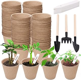 NuCandle 3” Peat Pots Seedling Pots Plant Starters Bulk 100 Pack Seed Starter Pots Biodegradable Kits with 100 Pcs Plant Labels, 3 Pcs Mini Seedling Tools for Garden Germination Nursery Pot