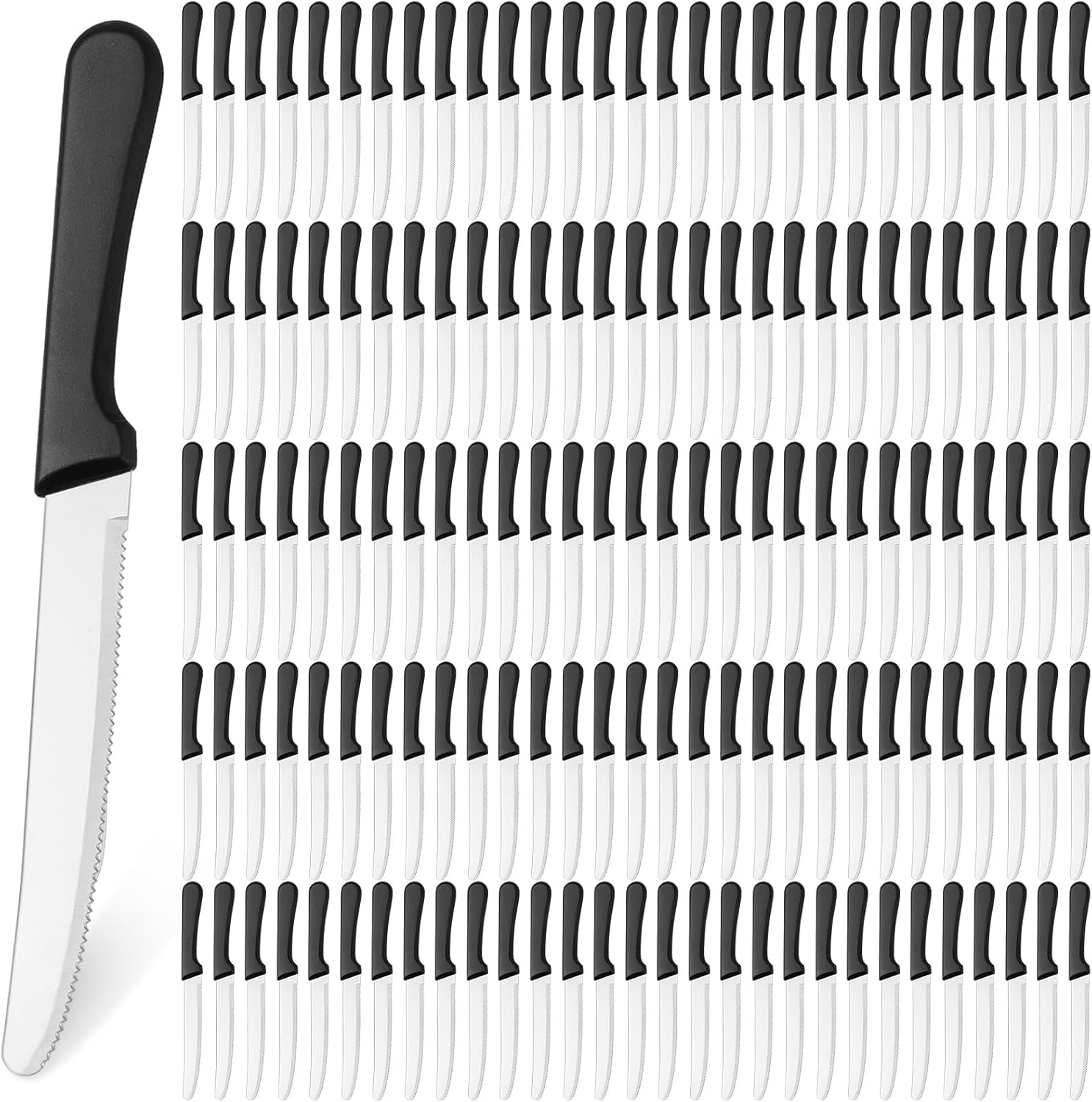 Zhehao 150 Pack 8.39" Black Stainless Steel Serrated Steak Knives, Round Tip Plastic Handle Dinner Knives for Home & Restaurant Bulk Use