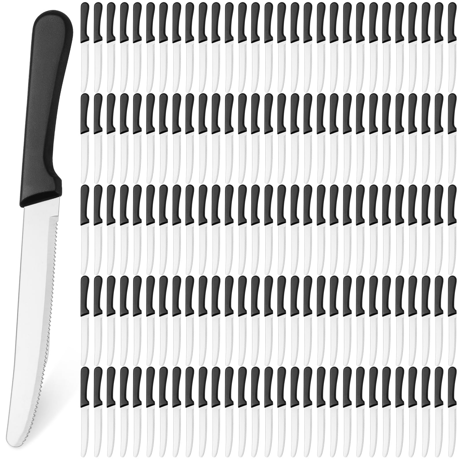 Zhehao 150 Pcs 8.39 Inches Steak Knife Sets Black Stainless Steel Serrated Edge Dinner Knives with Plastic Handle and Round Tip for Home Restaurant