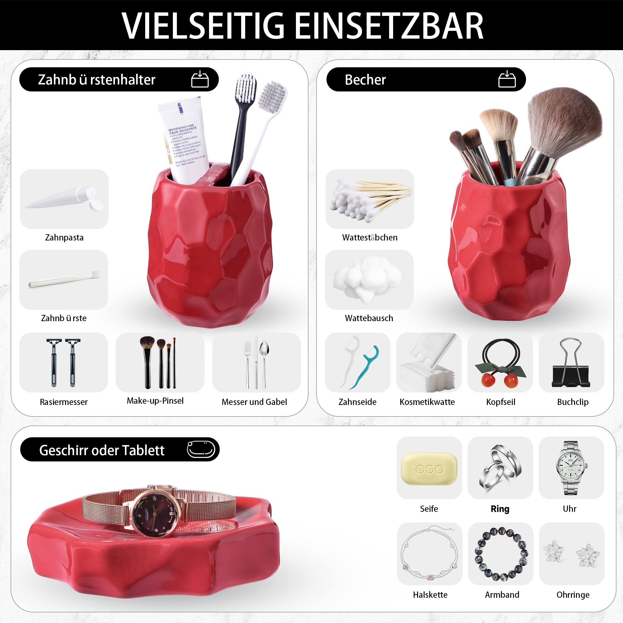 Set di accessori da bagno, set di 4 accessori da bagno, dispenser di sapone per lozione, portasapone, porta spazzolino, bicchiere per spazzolini, organizer da bagno per bagno moderno (rosso)