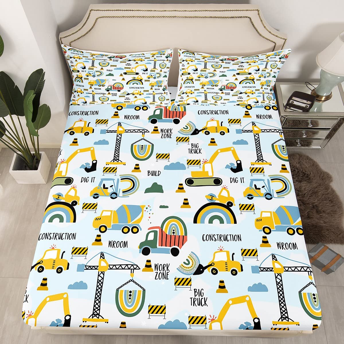 Parure De Lit Enfant 100 % Coton Linon - Motif Tracteur Moissonneuse - Housse Couette 135x200 Cm + Taie 80x80 Cm