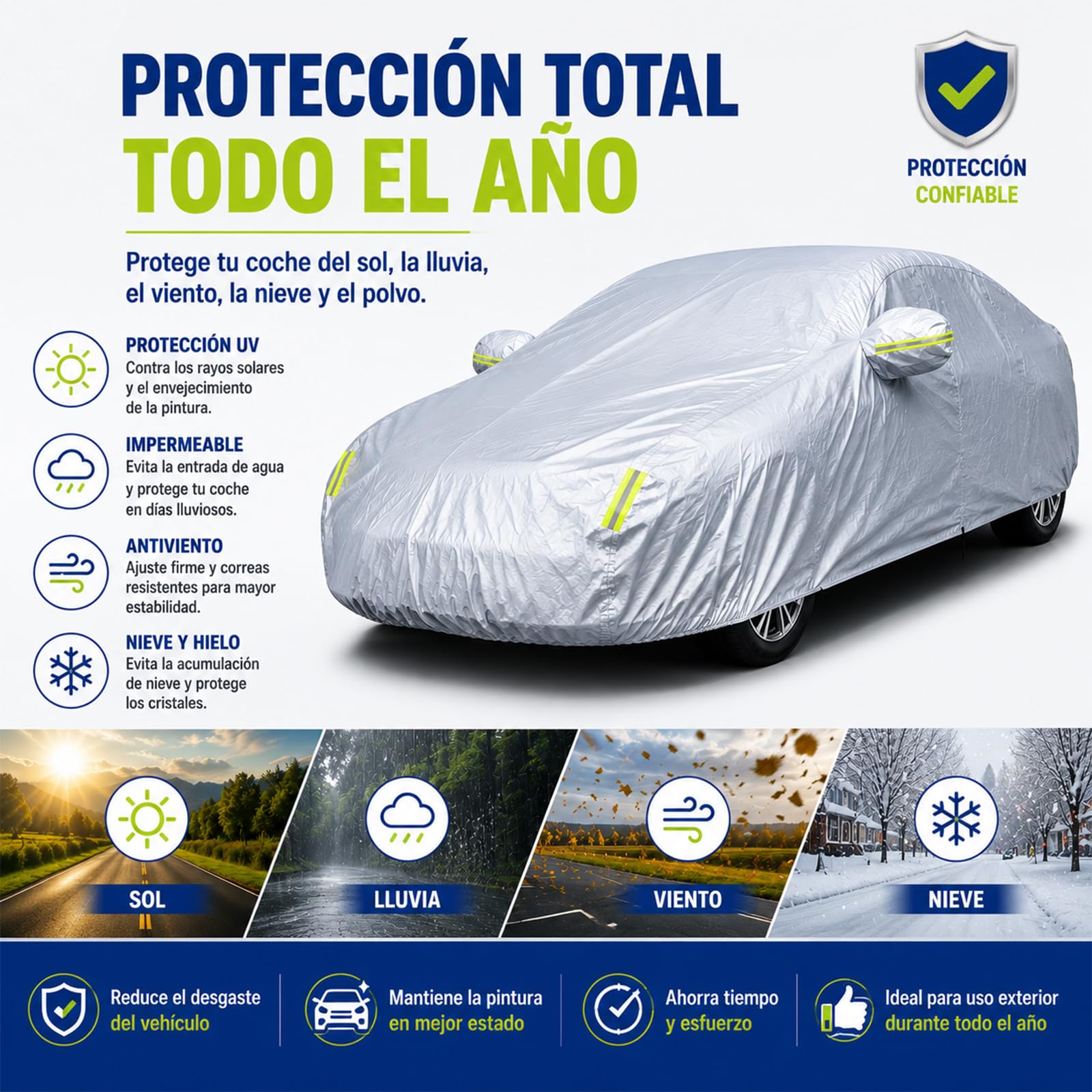 Funda de Coche【Nuevo Modelo 2026】 Universal Funda de Coche A Prueba de Polvo A Prueba de Nieve Protección UV para Hatchback Longitud Impermeable Exterior Interior （483 * 145 * 195CM）