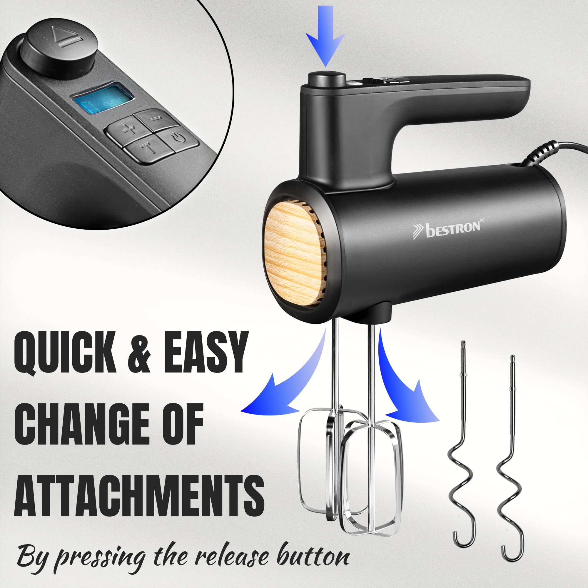 Bestron Power Handmixer, Leistungsstarker Handmixer mit 6 Stufen, Turbo-Funktion & LCD-Display, Rührgerät inkl. 2 Schneebesen & 2 Knethaken, Leichtgewicht von 1KG, Farbe: Schwarz/Holz