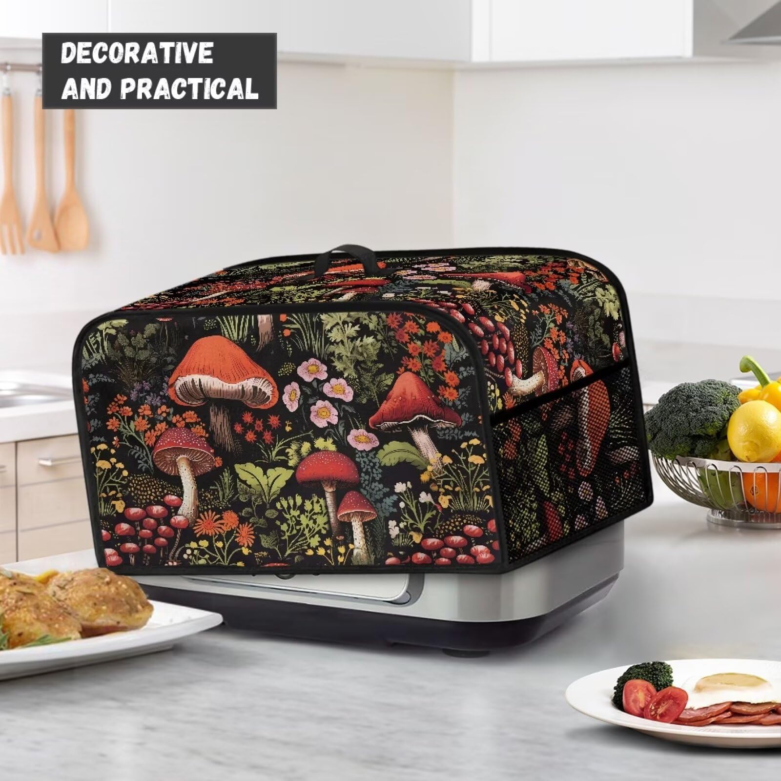 HUISEFOR Mushroom Print Slow Cooker Covers Oval Crock Pot Cover Dust Cover for 6-8 Quart Slow Cooker Anti-Fingerprint Anti-Stain Appliance Covers with Top Handle and Accessories Pocket