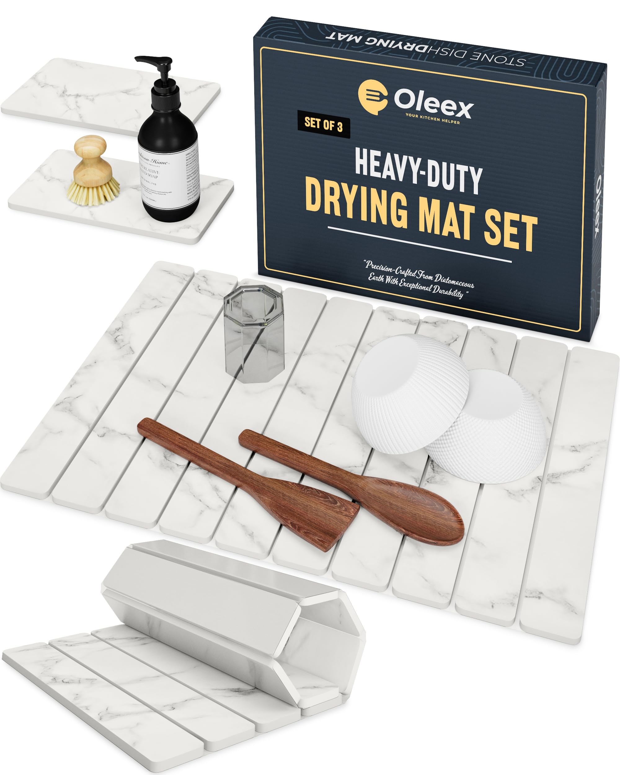 Photo 1 of Oleex 3-Pack Stone Dish Drying Mat Set Includes 1 Large 24”x16” & 2 Small 4”x9” for Kitchen Counter-Collapsible Diatomaceous Earth Pad Absorbs Water & Dries Dishes Fast, Non-slip, Odor-Resistant Mats